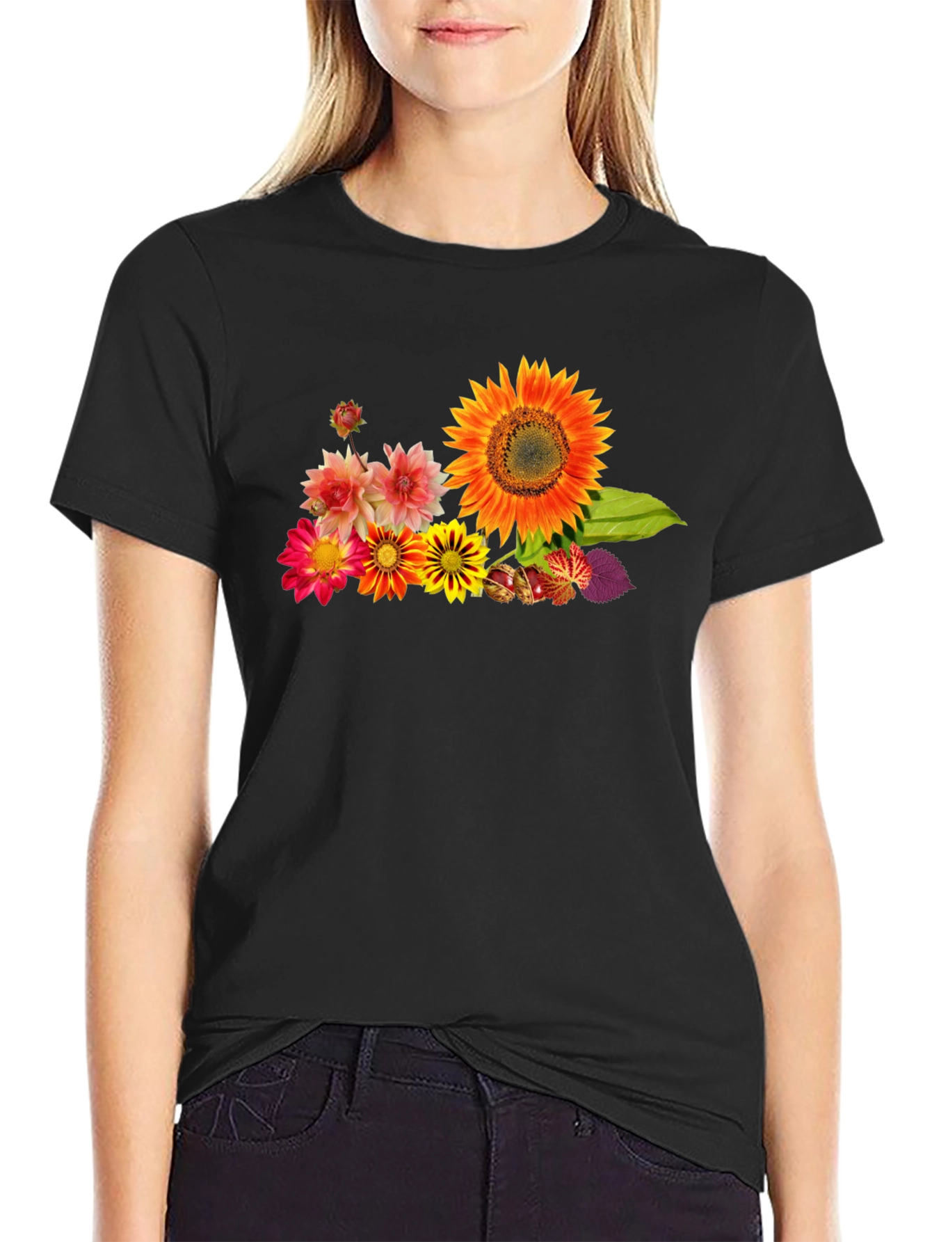 Black Floral Print Black Cotton T-Shirt view 2