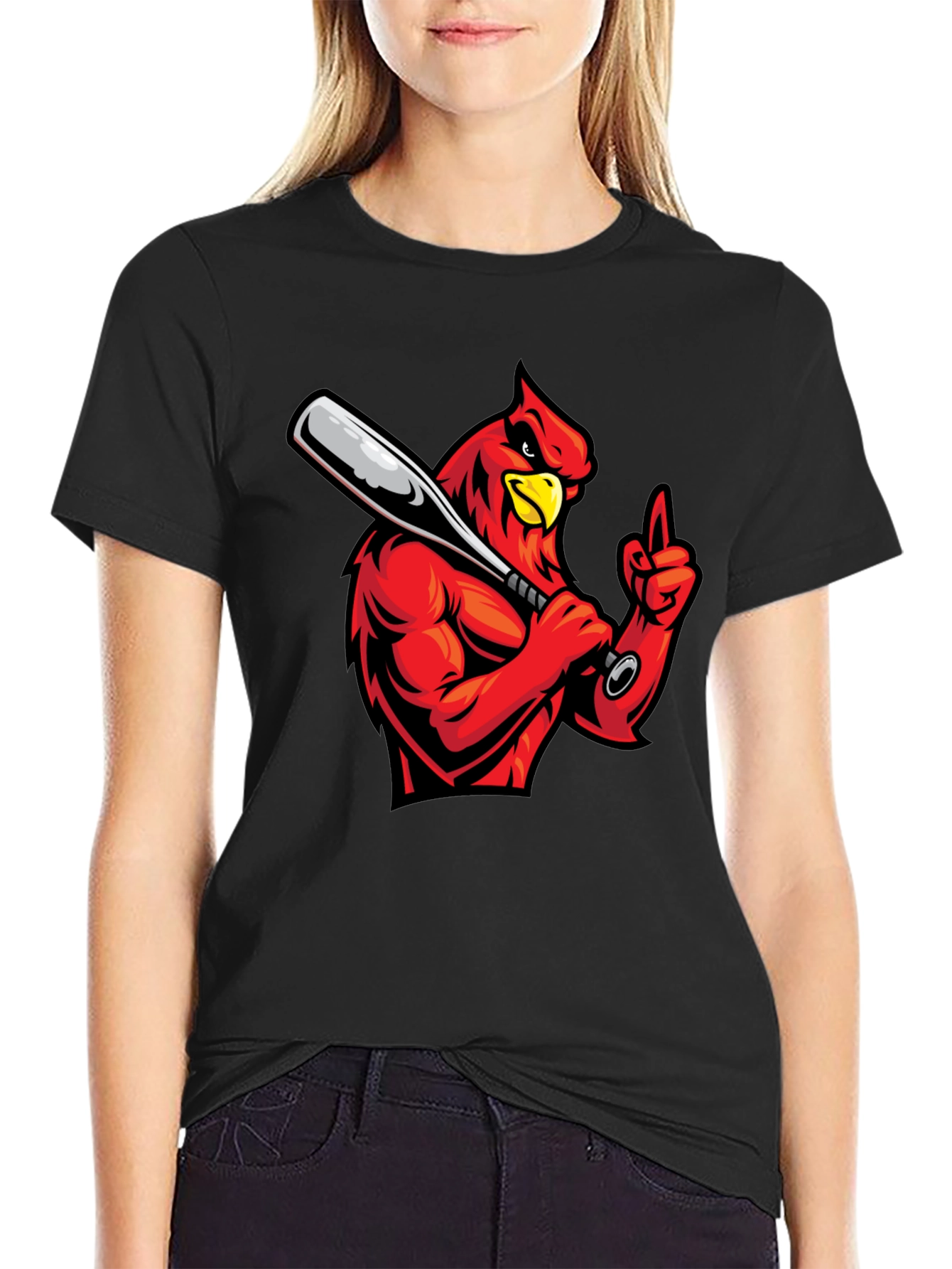 Black Cardinal Baseball T-Shirt - Black Cotton Tee view 2