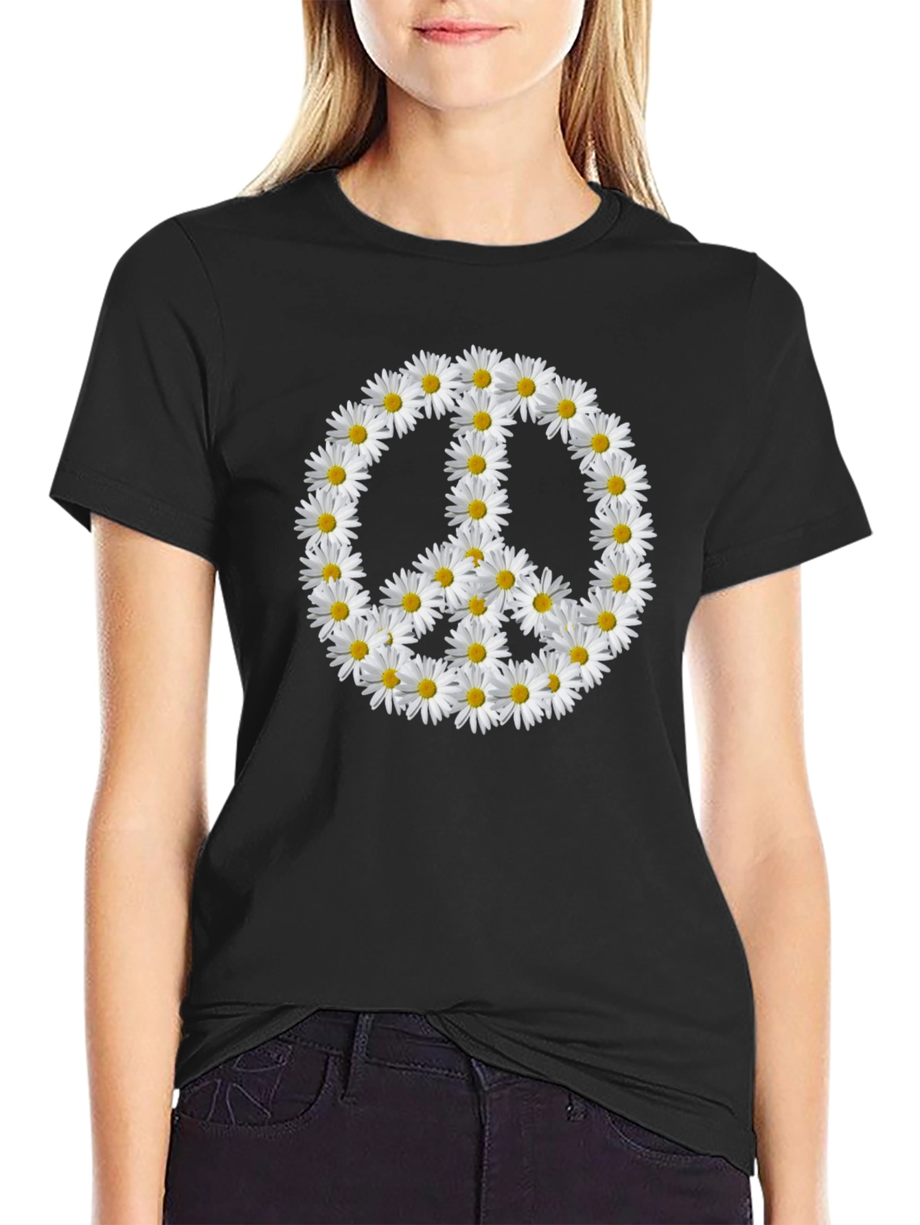 Black Daisy Peace Sign Black T-Shirt view 2