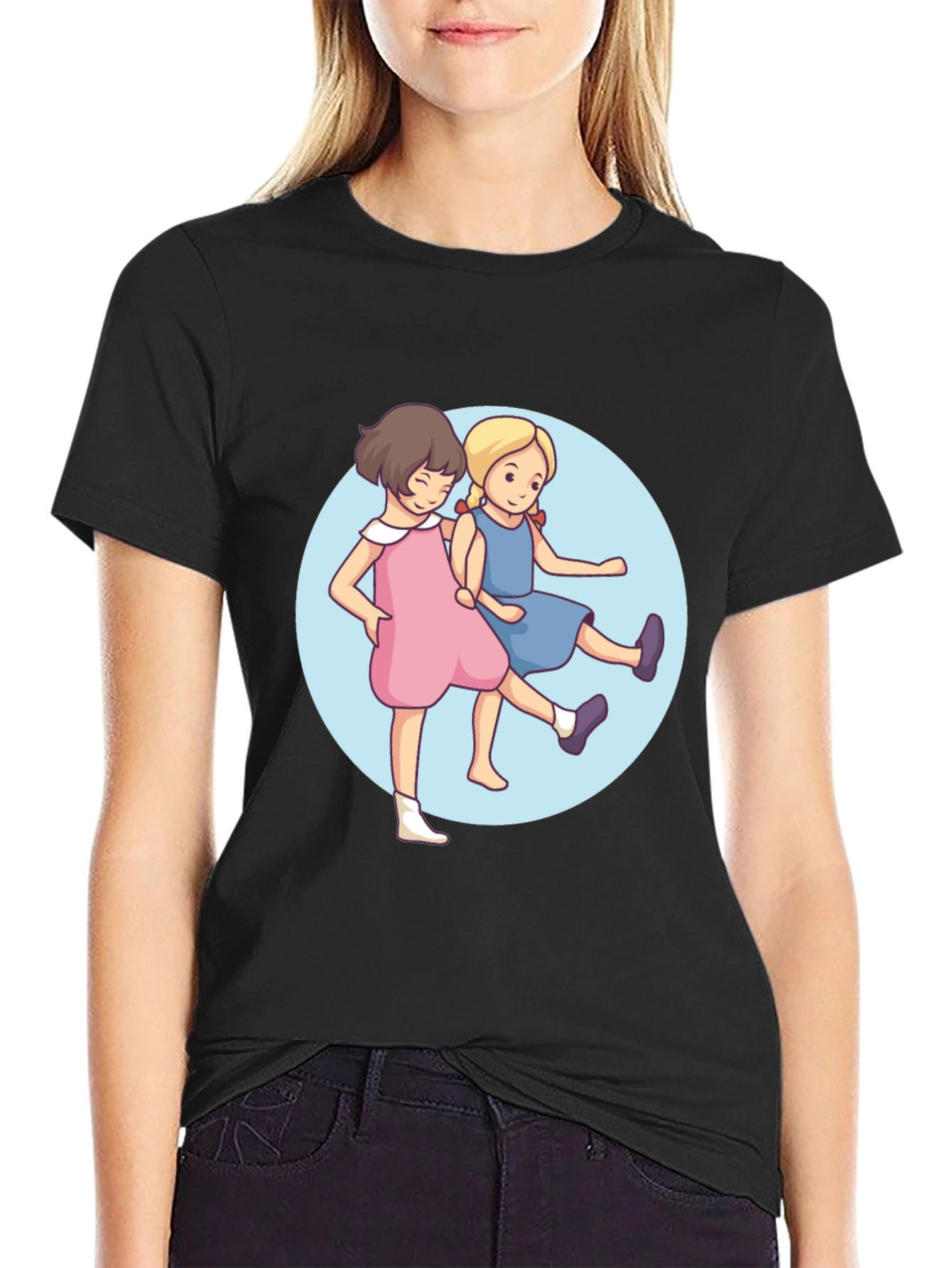 Black Cute Cartoon Twins Black T-Shirt view 2