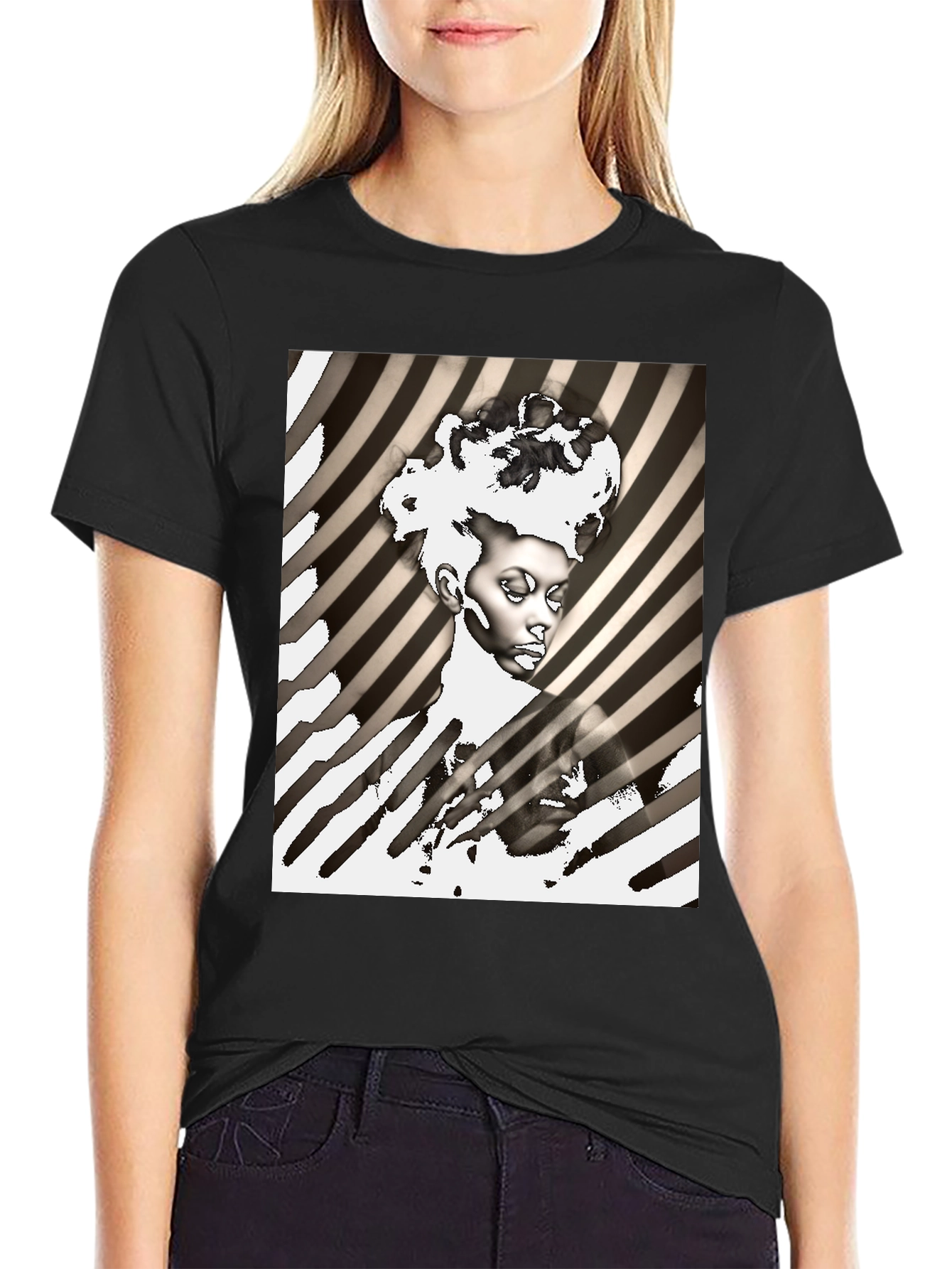 Black Striking Graphic Print Tee - Monochrome Art view 2