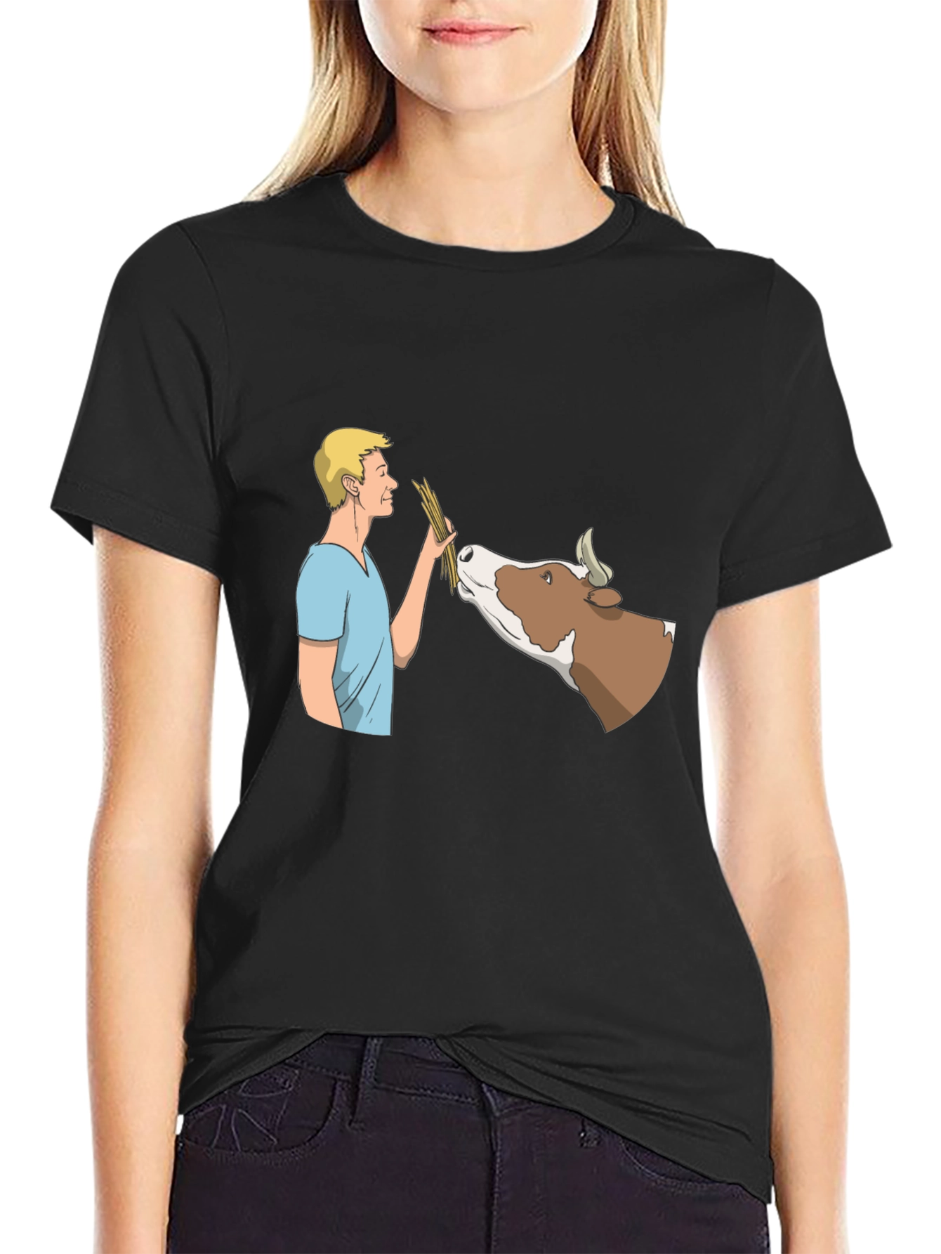 Black Man Feeding Cow Graphic Black T-Shirt view 2