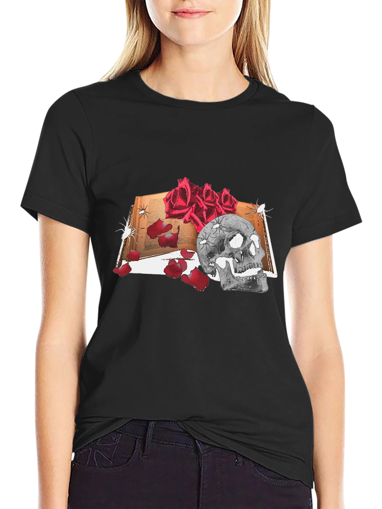Black Skull & Roses Graphic Tee - Edgy Fashion view 2