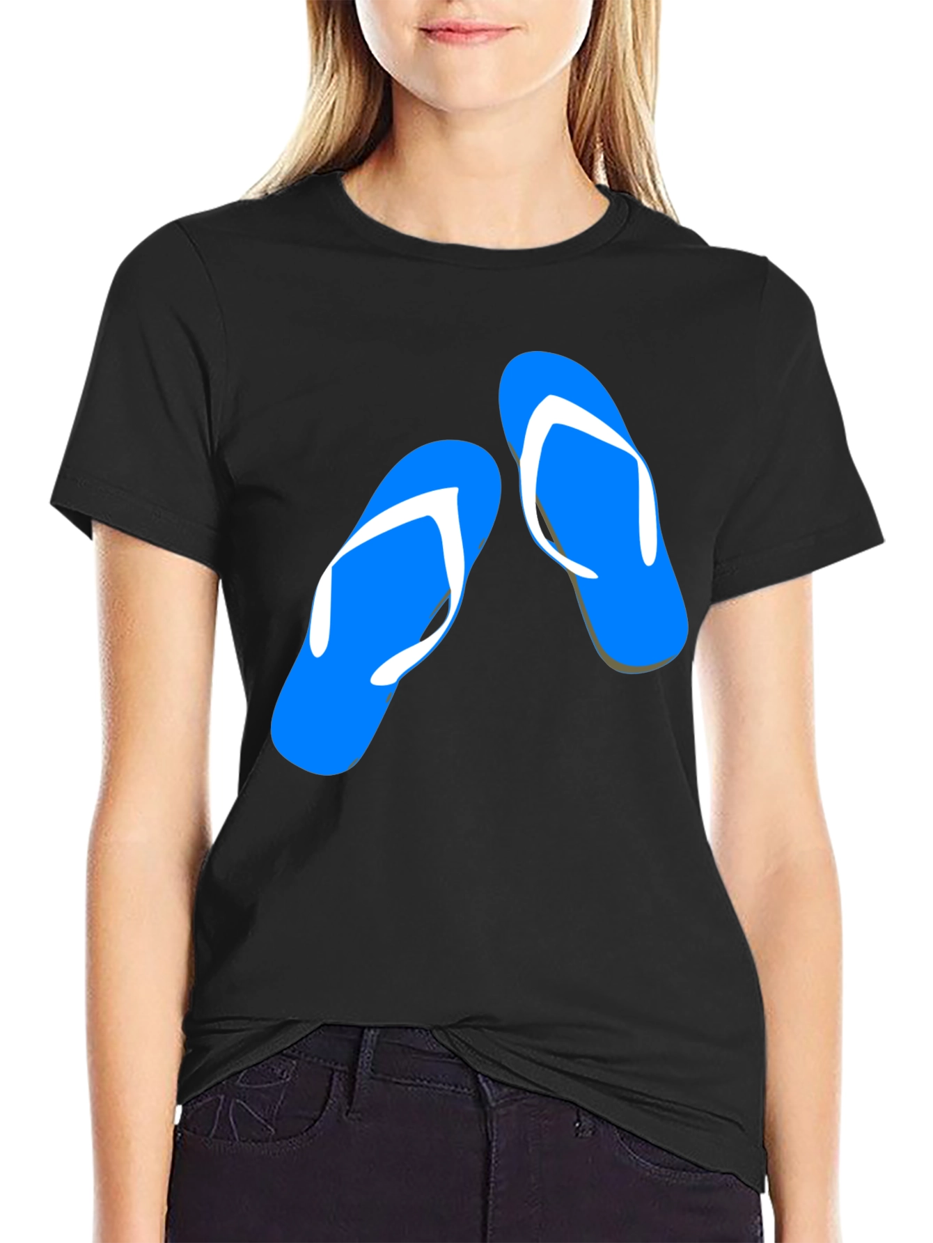 Black Summer Flip Flop Graphic Tee - Black Cotton T-Shirt view 2