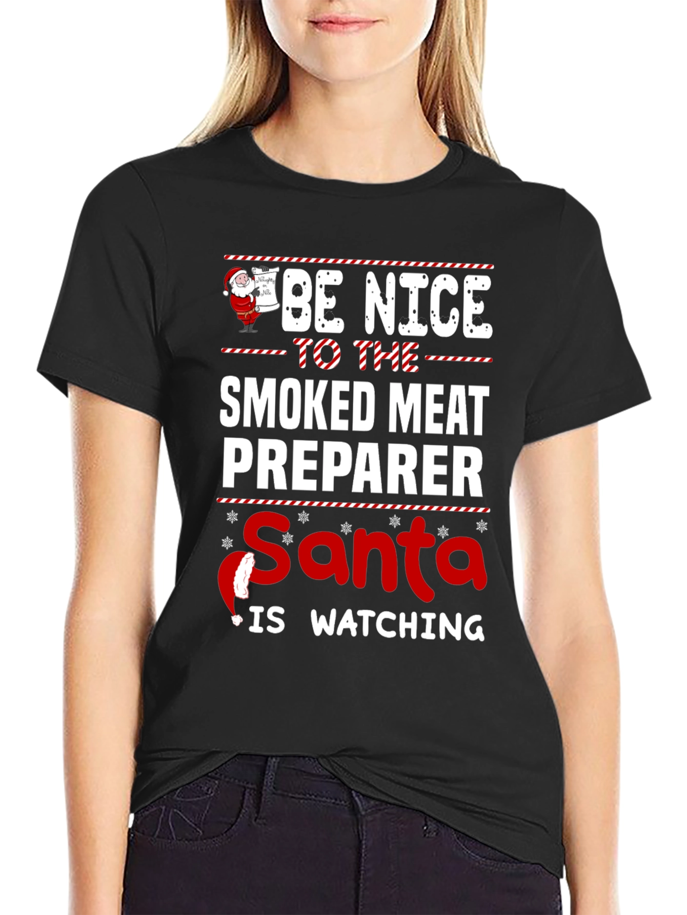 Black Smoked Meat Preparer Santa Watching T-Shirt view 2