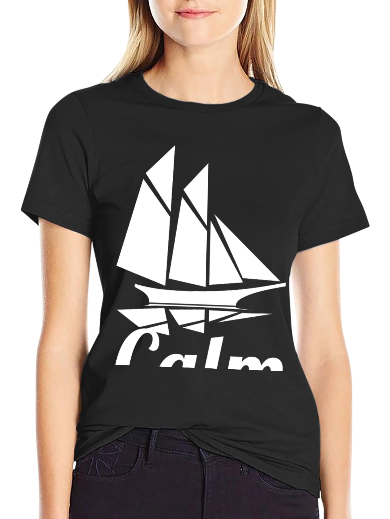Black Calm Sailing Boat Graphic T-Shirt - Black Cotton Crew Neck view 2