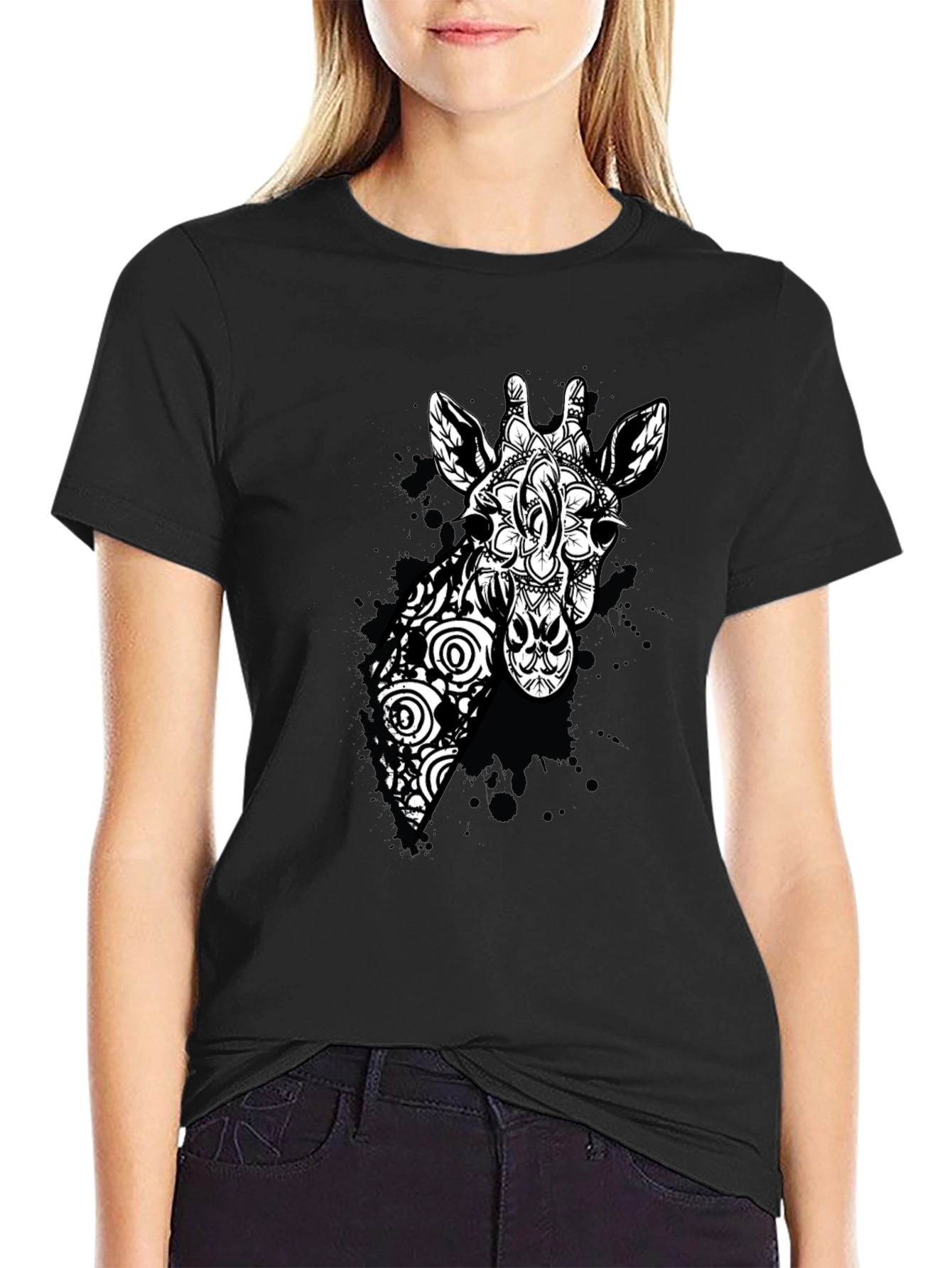 Black Giraffe Mandala Graphic Tee - Black Cotton T-Shirt view 2