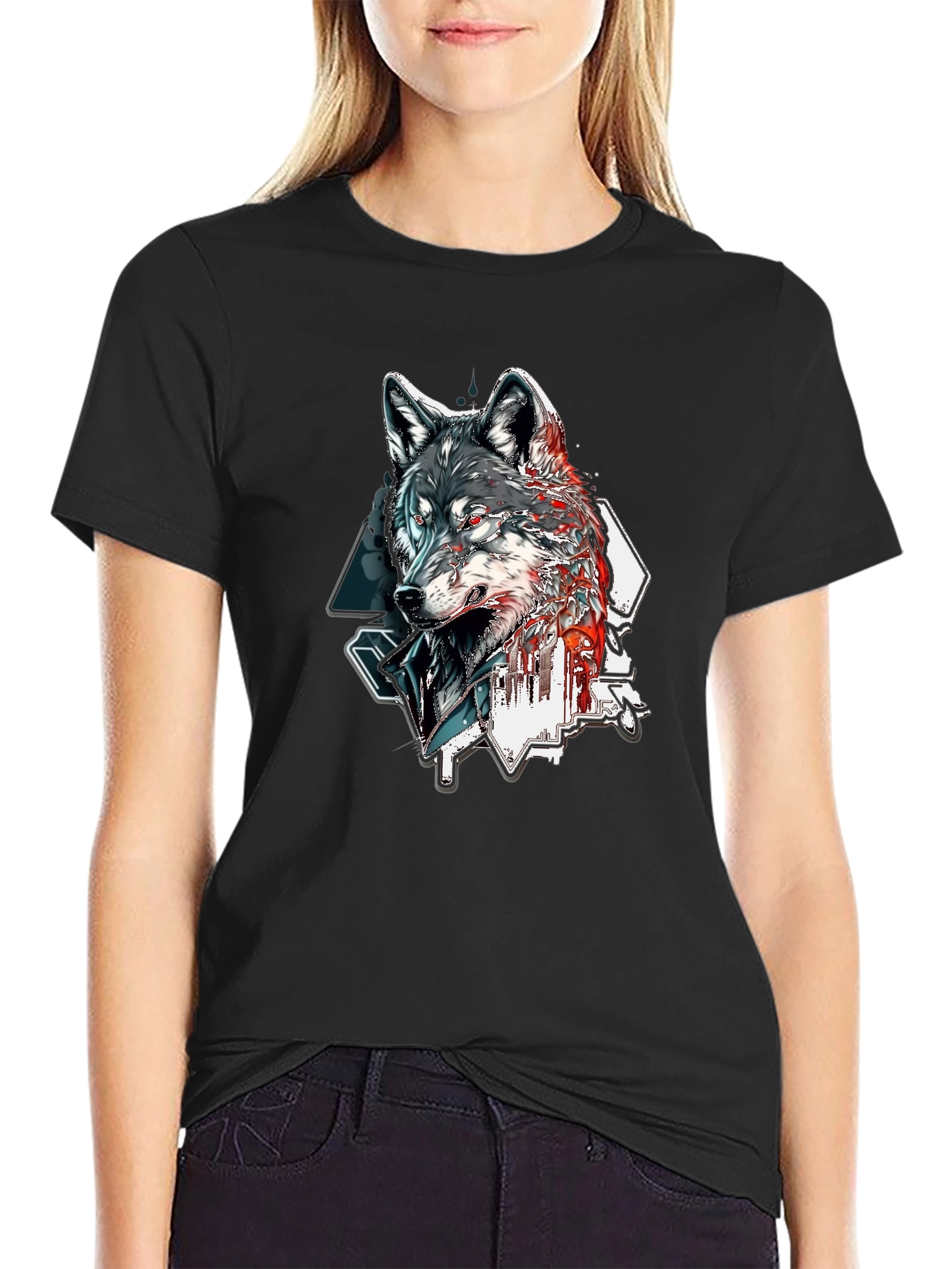 Black Wolf Graphic Print Black T-Shirt view 2