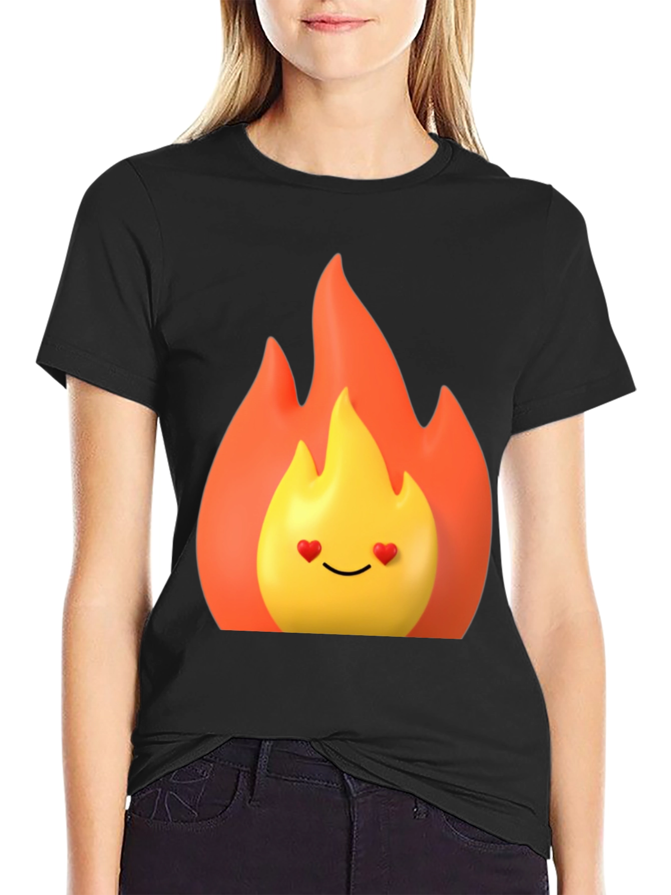 Black Flaming Heart Eyes Emoji Black T-Shirt view 2