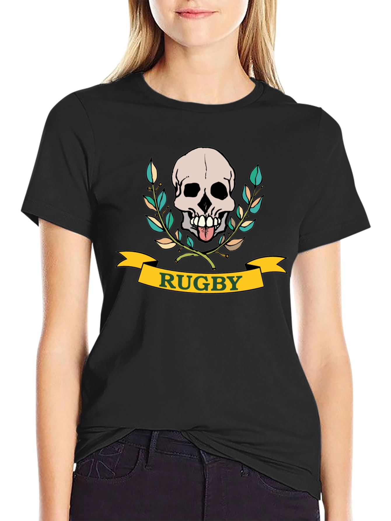 Black Rugby Skull Graphic T-Shirt - Black Cotton Tee view 2