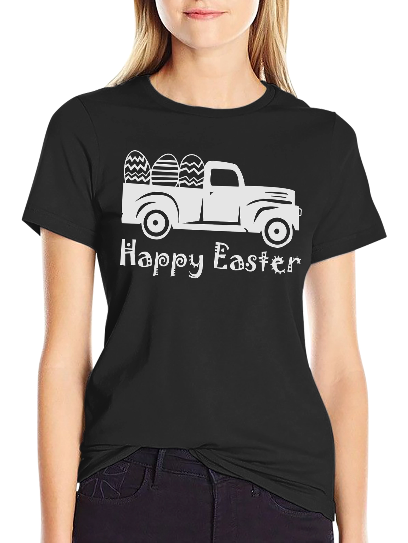 Camiseta Negra Happy Easter con Camioneta y Huevos