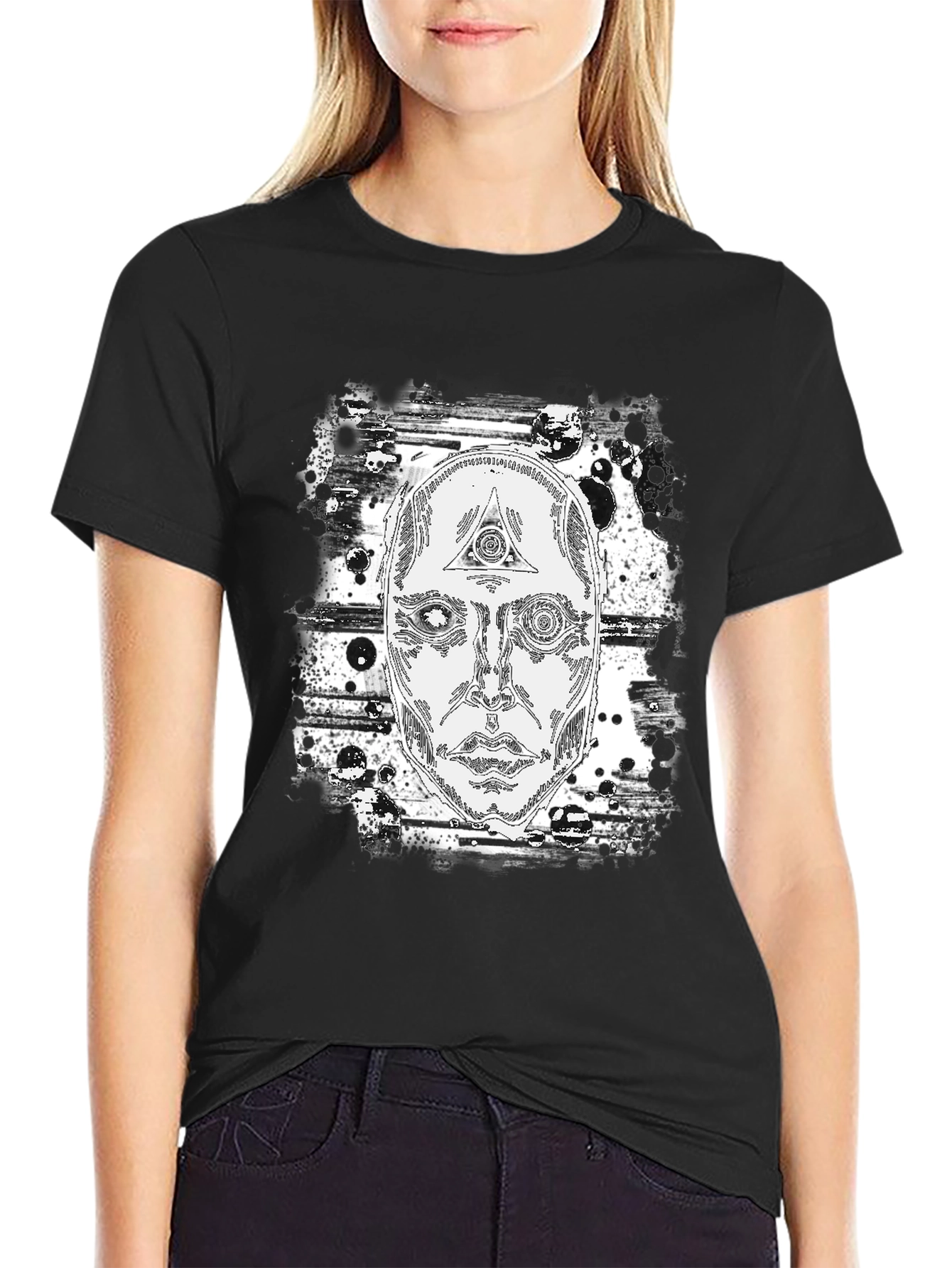 Black Abstract Face Graphic Print Black T-Shirt view 2