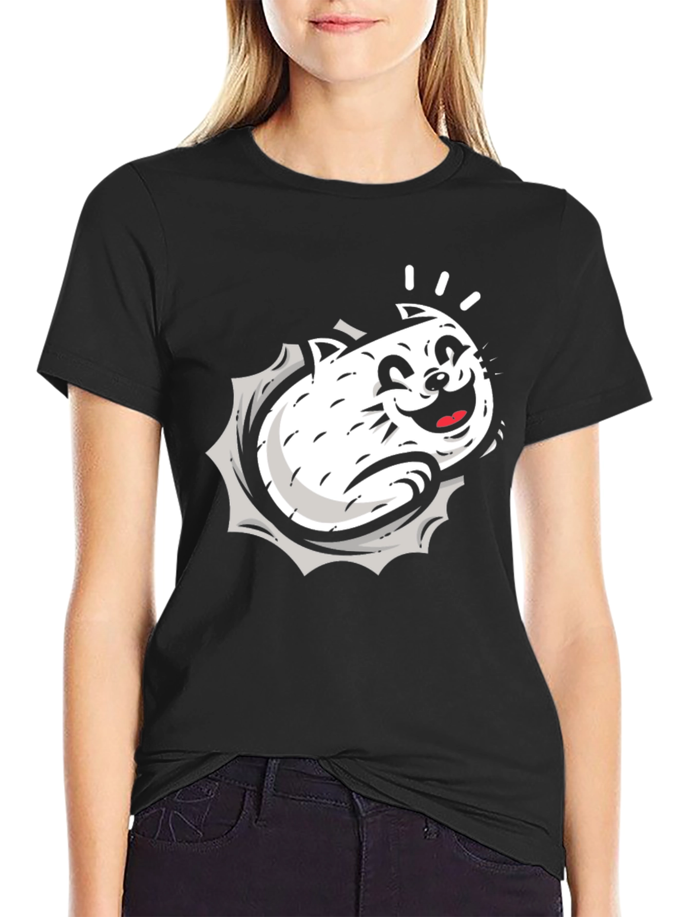 Black Cartoon Cat Graphic Black T-Shirt view 2