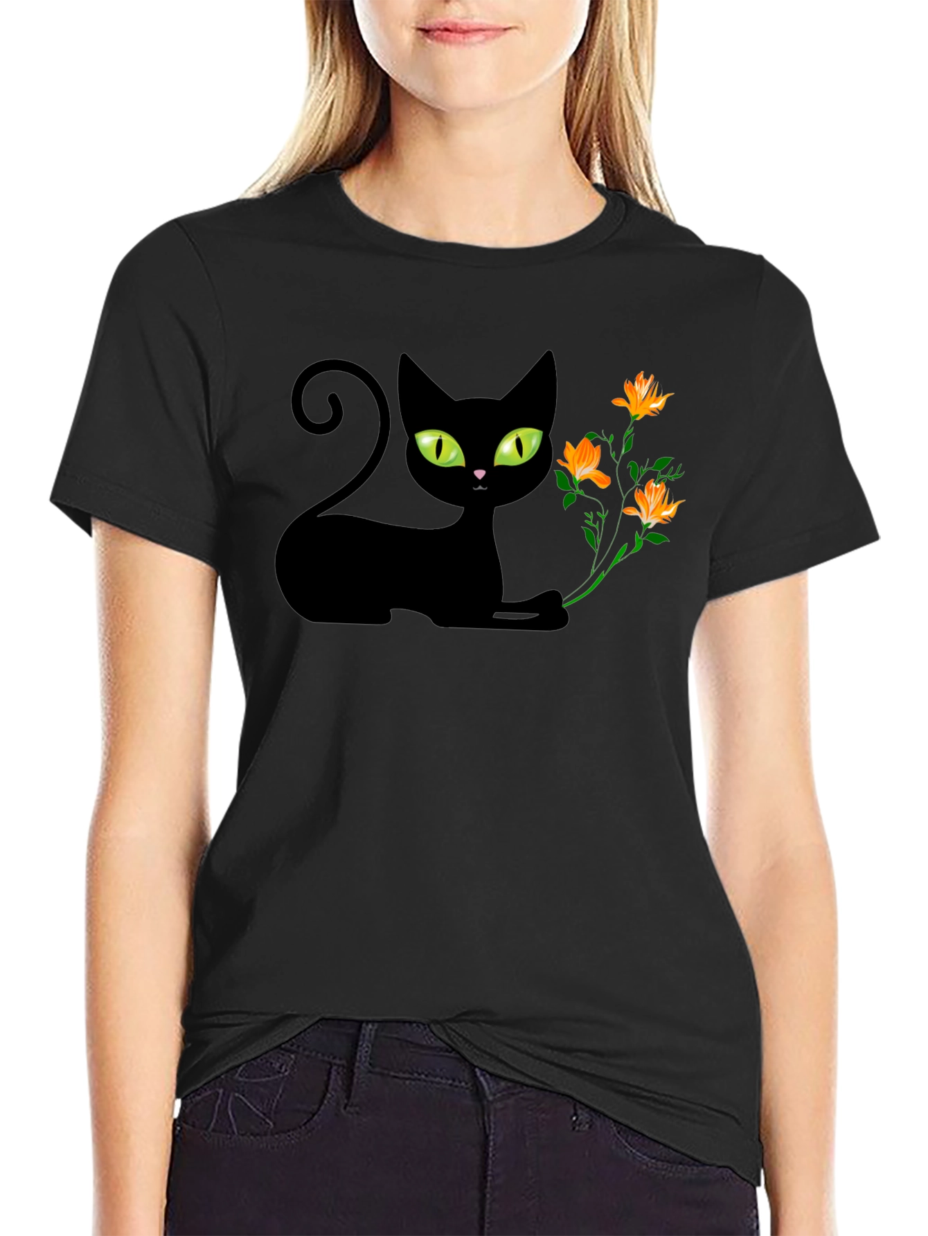 Black Black Cat & Flowers Graphic Tee - Soft Cotton Comfort view 2