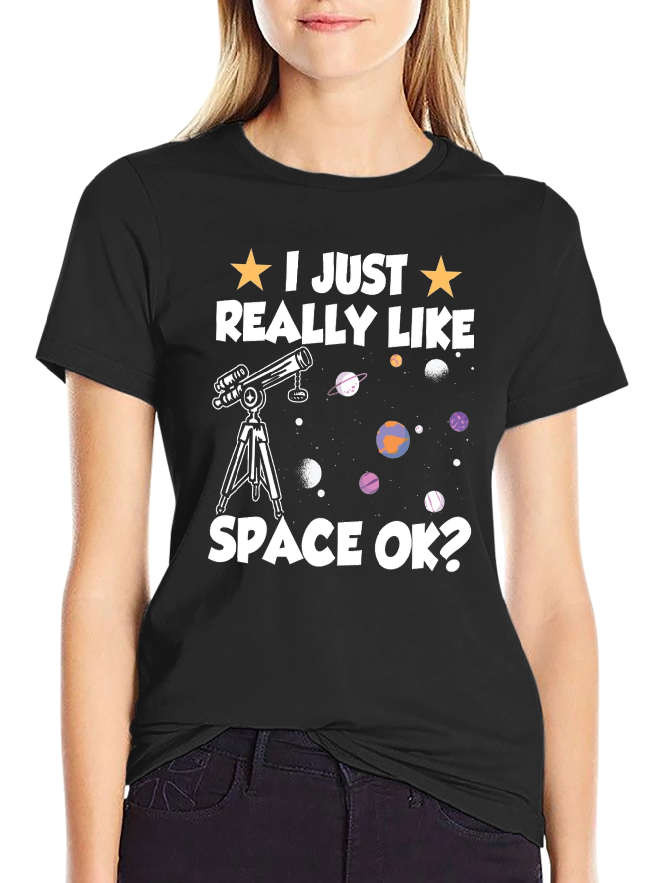 Black I Just Really Like Space OK? T-Shirt view 2