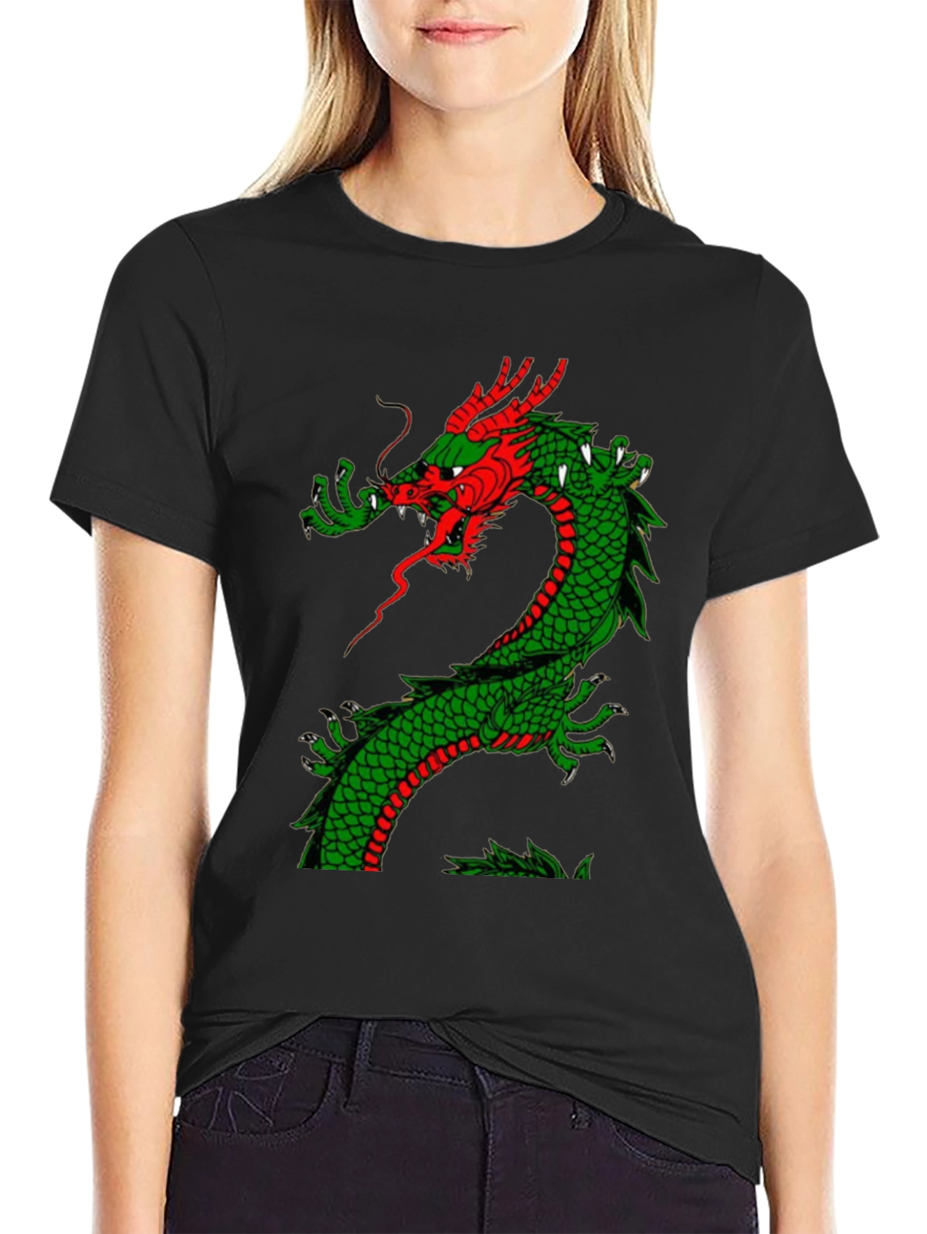 Black Dragon Graphic Tee - Red and Green Dragon Design view 2