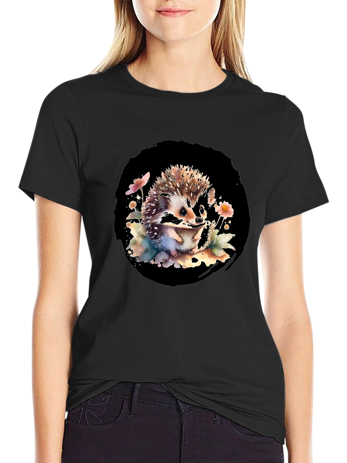 Black Hedgehog Watercolor Graphic Black T-Shirt view 2