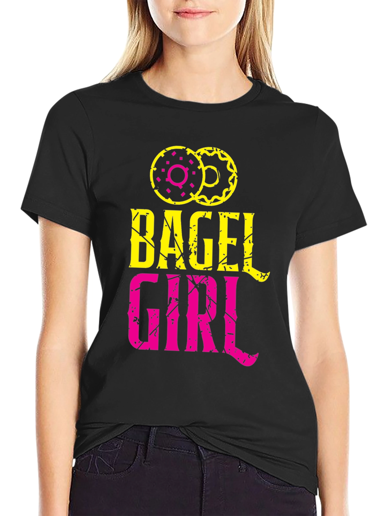 Black Bagel Girl Graphic Tee - Trendy Casual Top view 2