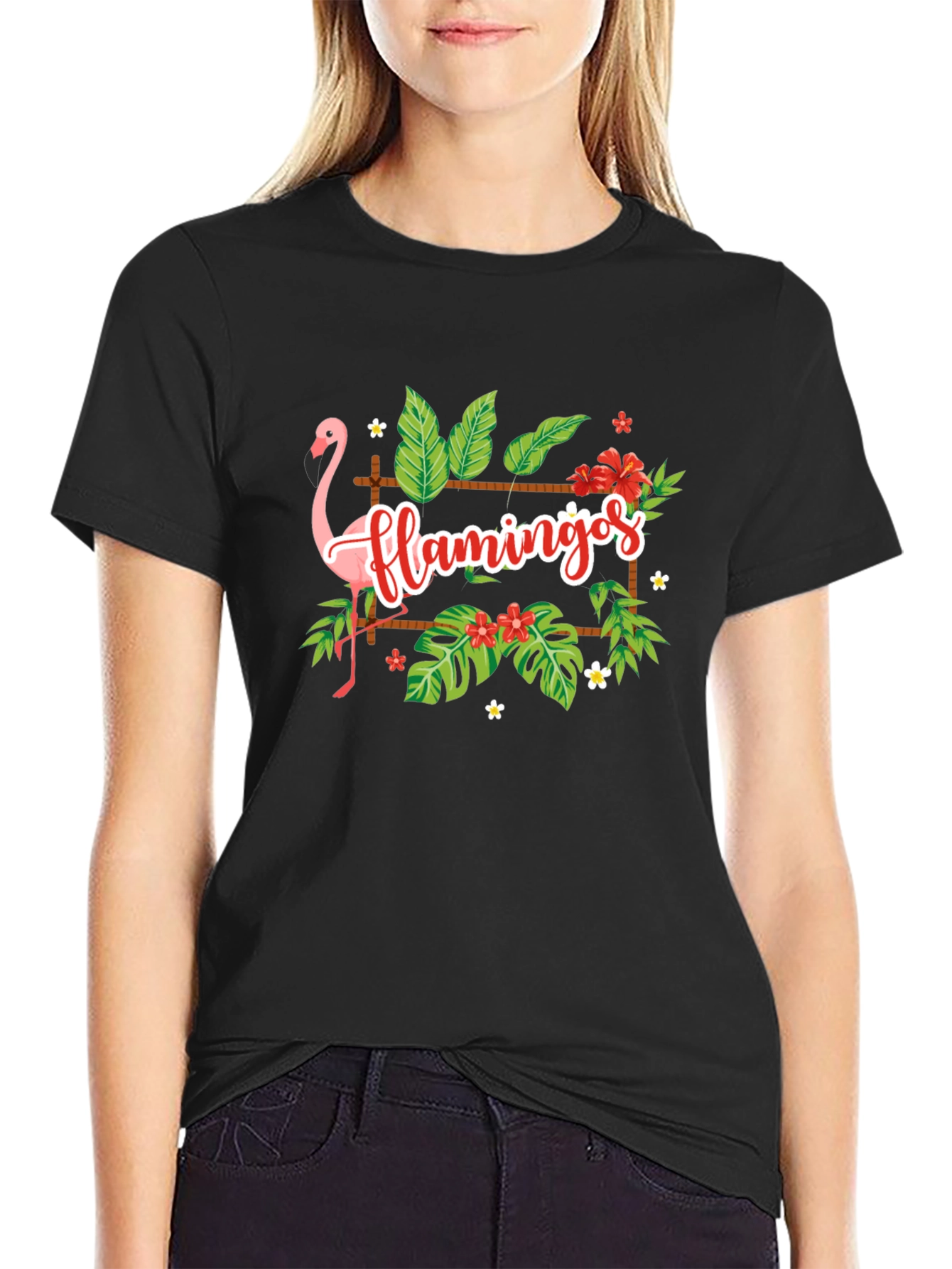 Black Flamingo Tropical Graphic Tee - Black Casual T-Shirt view 2