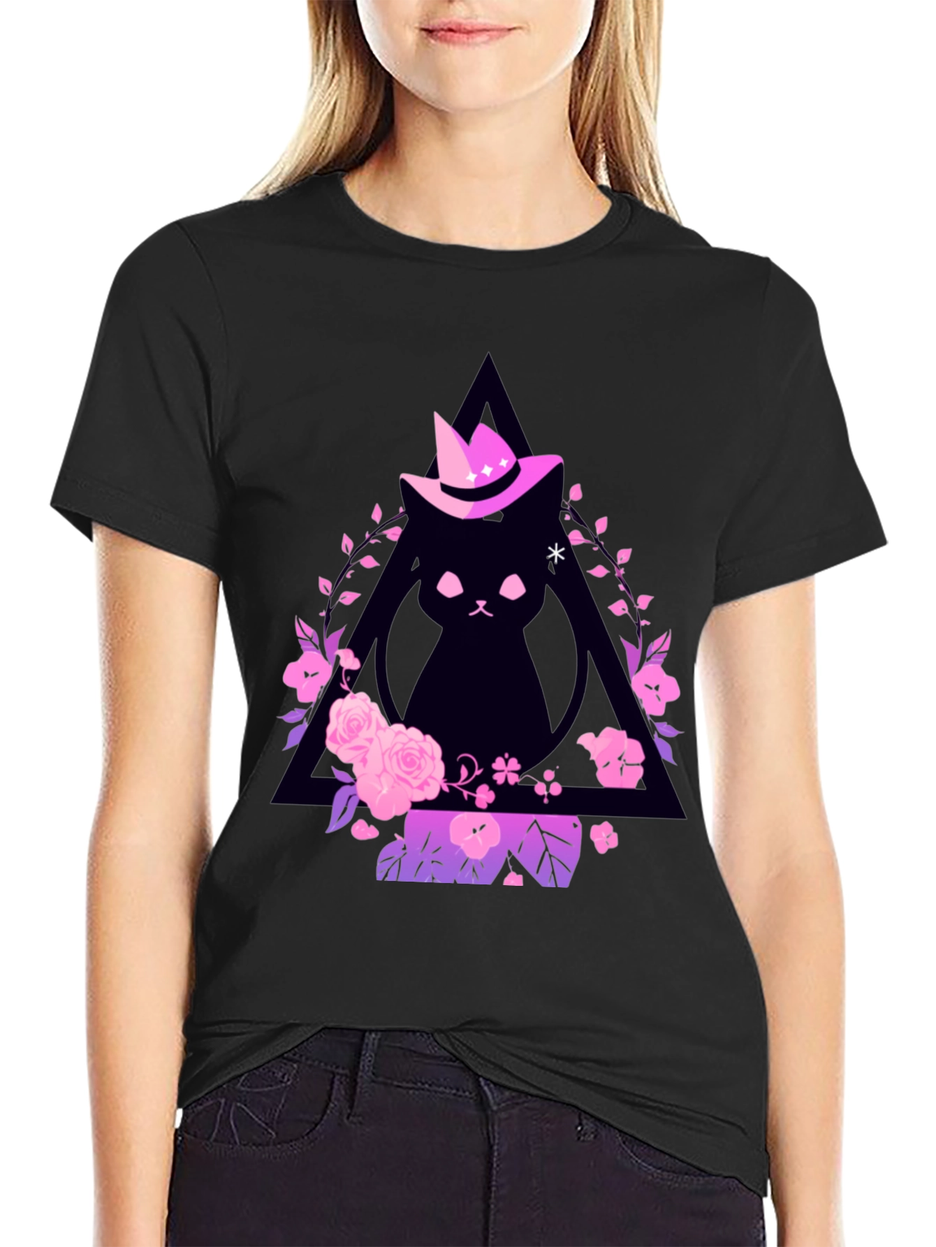 Black Witch Cat Graphic Tee - Floral Triangle Design view 2