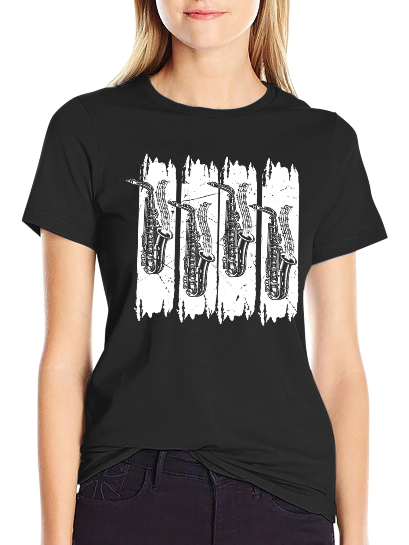 Black Saxophone Music T-Shirt - Black Cotton Tee view 2