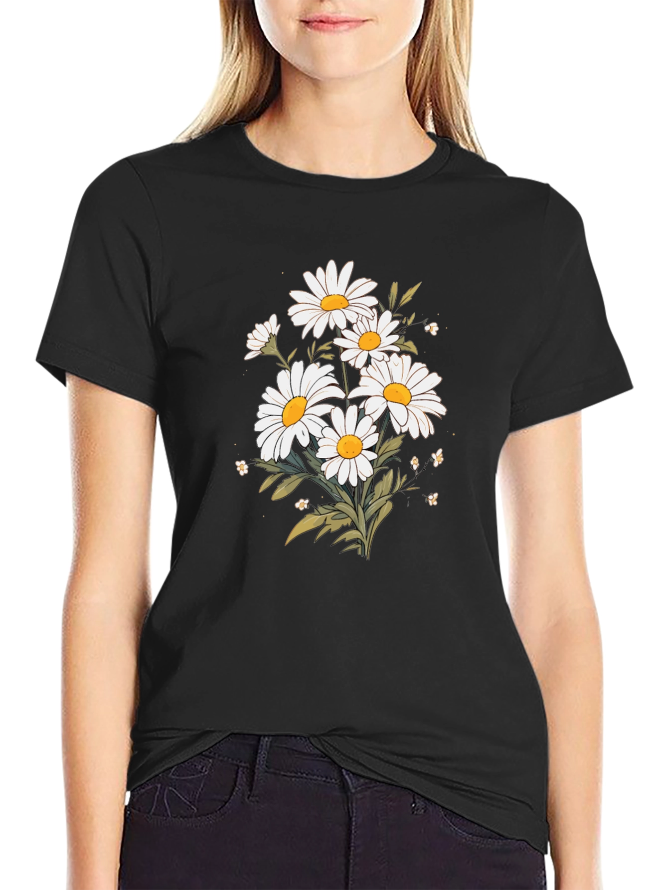 Black Daisy Flower Graphic T-Shirt - Black Cotton Tee view 2