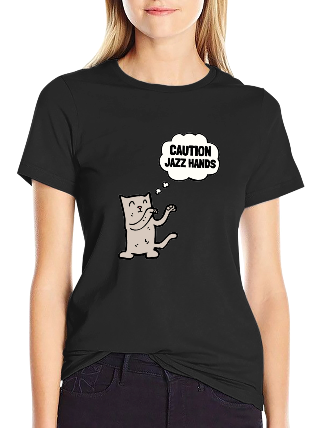 Black Caution Jazz Hands Cat Graphic Tee view 2