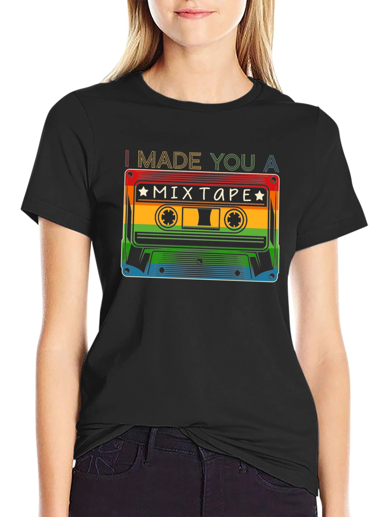 Black I Made You A Mixtape T-Shirt - Retro Cassette Design view 2