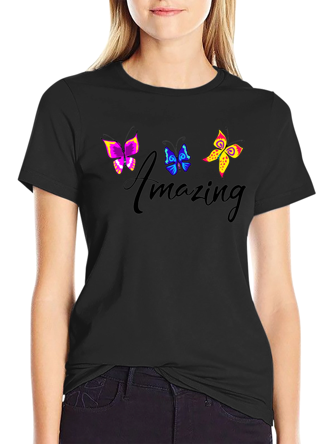 Black Amazing Butterfly Graphic Black T-Shirt view 2
