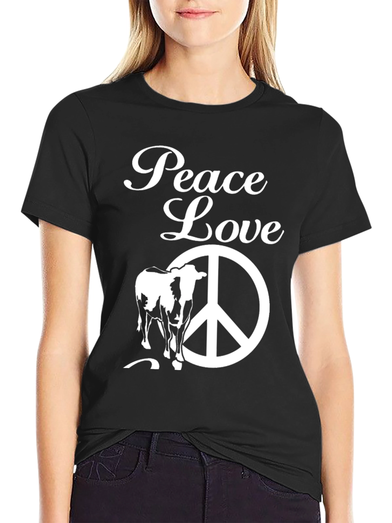 Black Peace Love Cow T-Shirt - Black Graphic Tee view 2