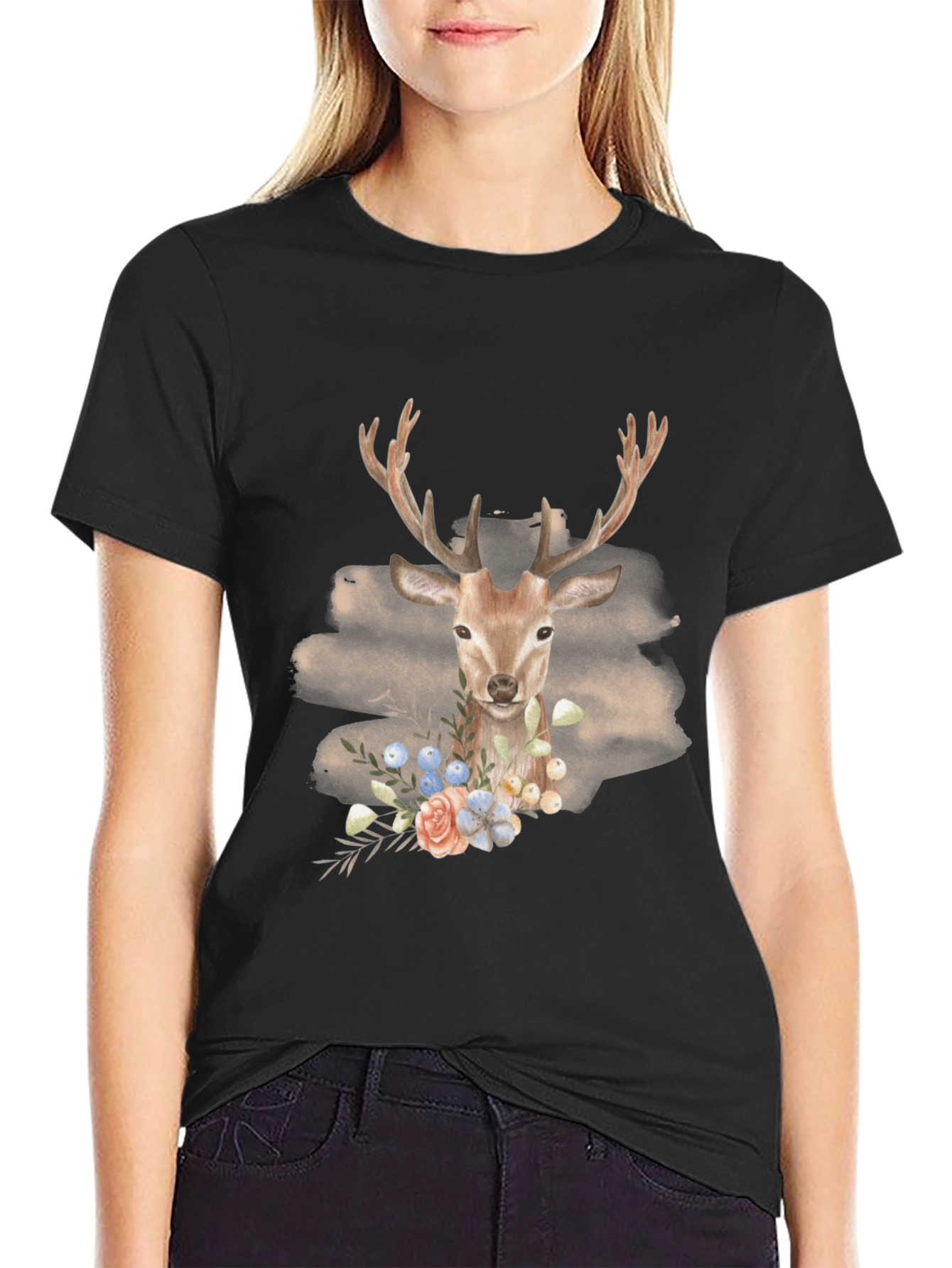 Black Deer Floral Graphic Print Tee - Men's Black T-Shirt view 2