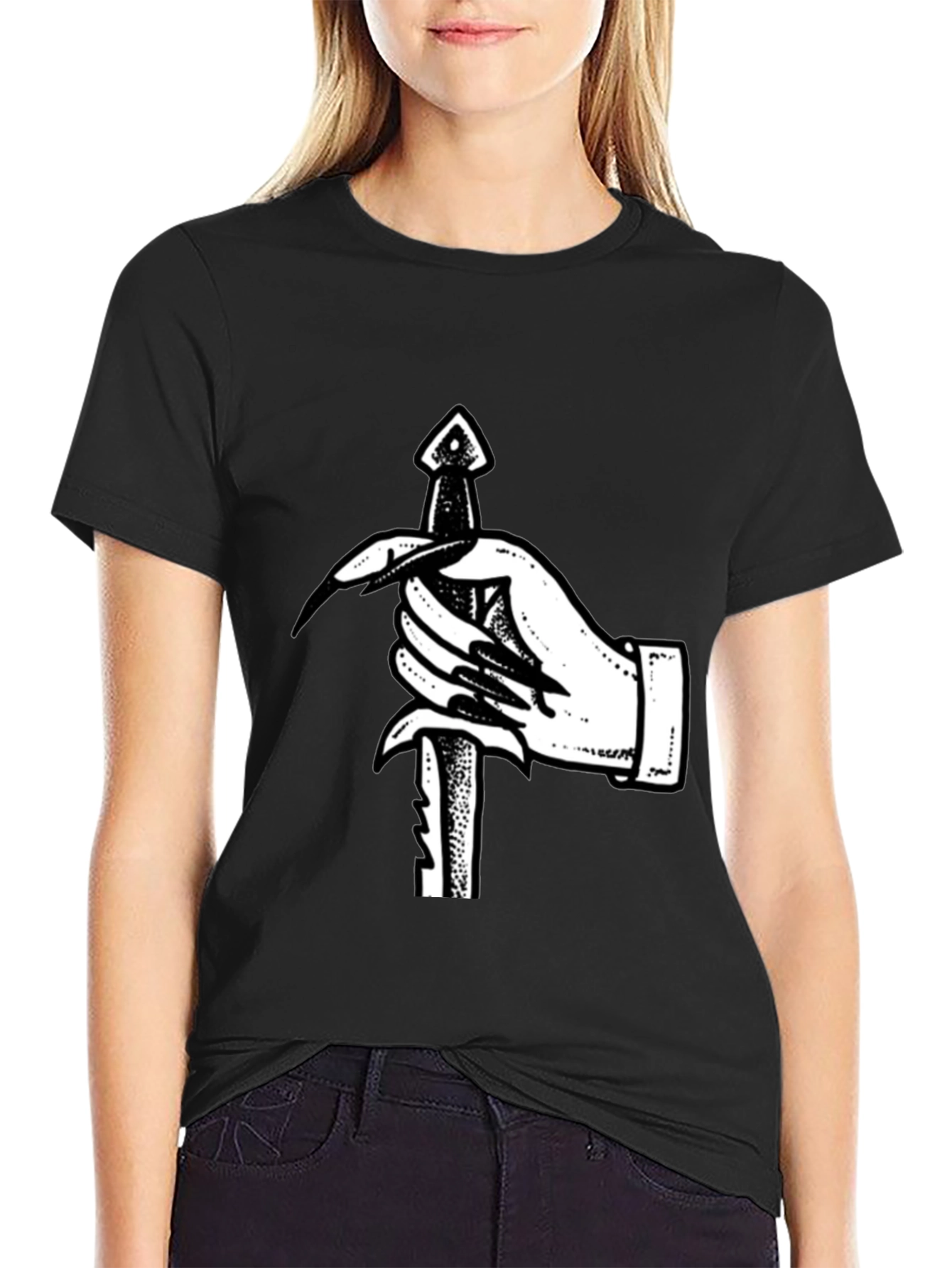 Black Hand Holding Dagger Graphic Tee view 2