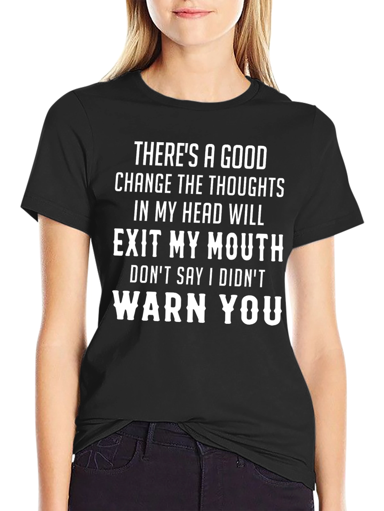 Black Funny Warning T-Shirt: Thoughts Exit My Mouth view 2