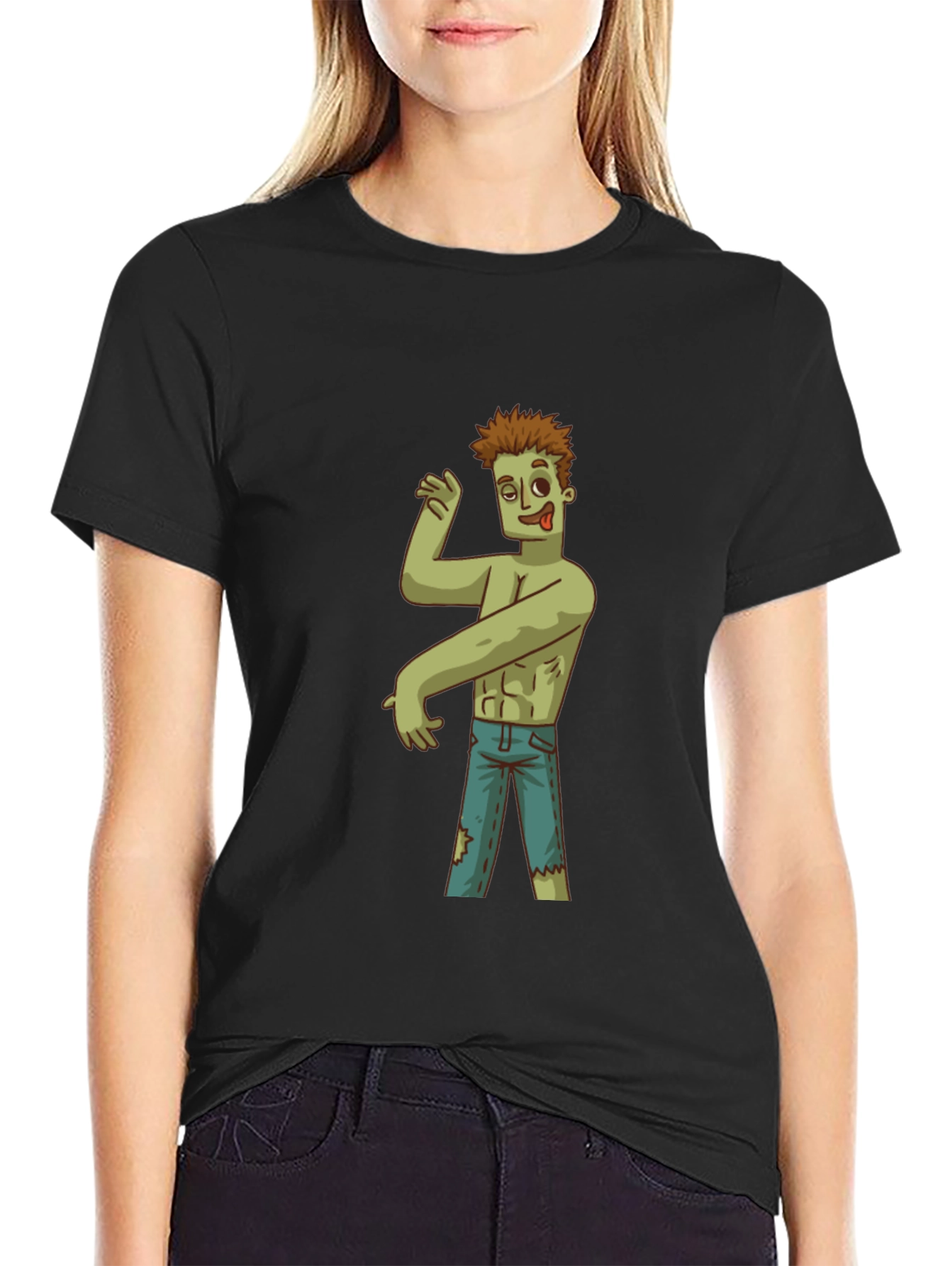 Black Zombie Cartoon Graphic T-Shirt - Black view 2