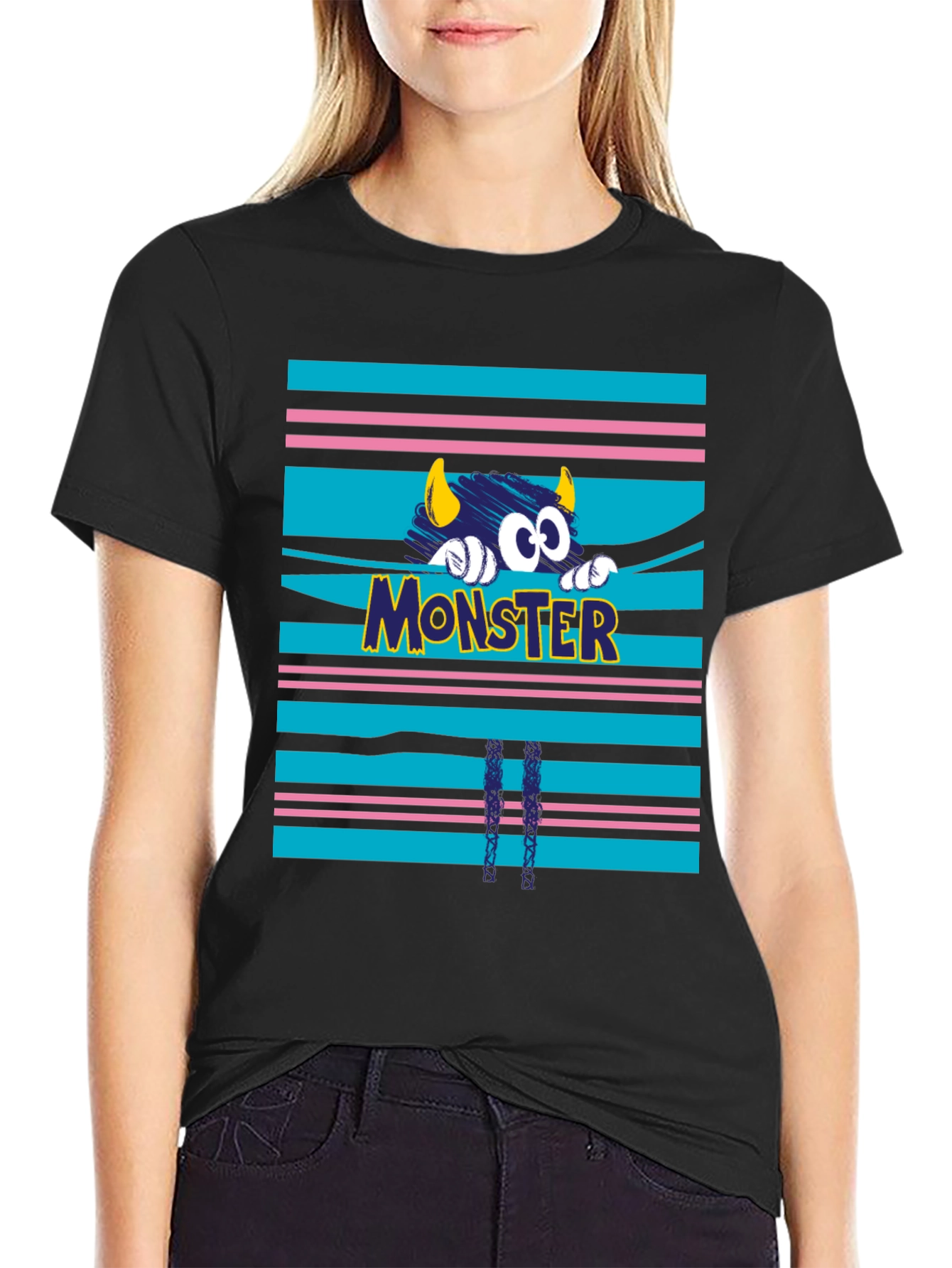 Black Monster Graphic Tee - Black Cotton T-Shirt view 2