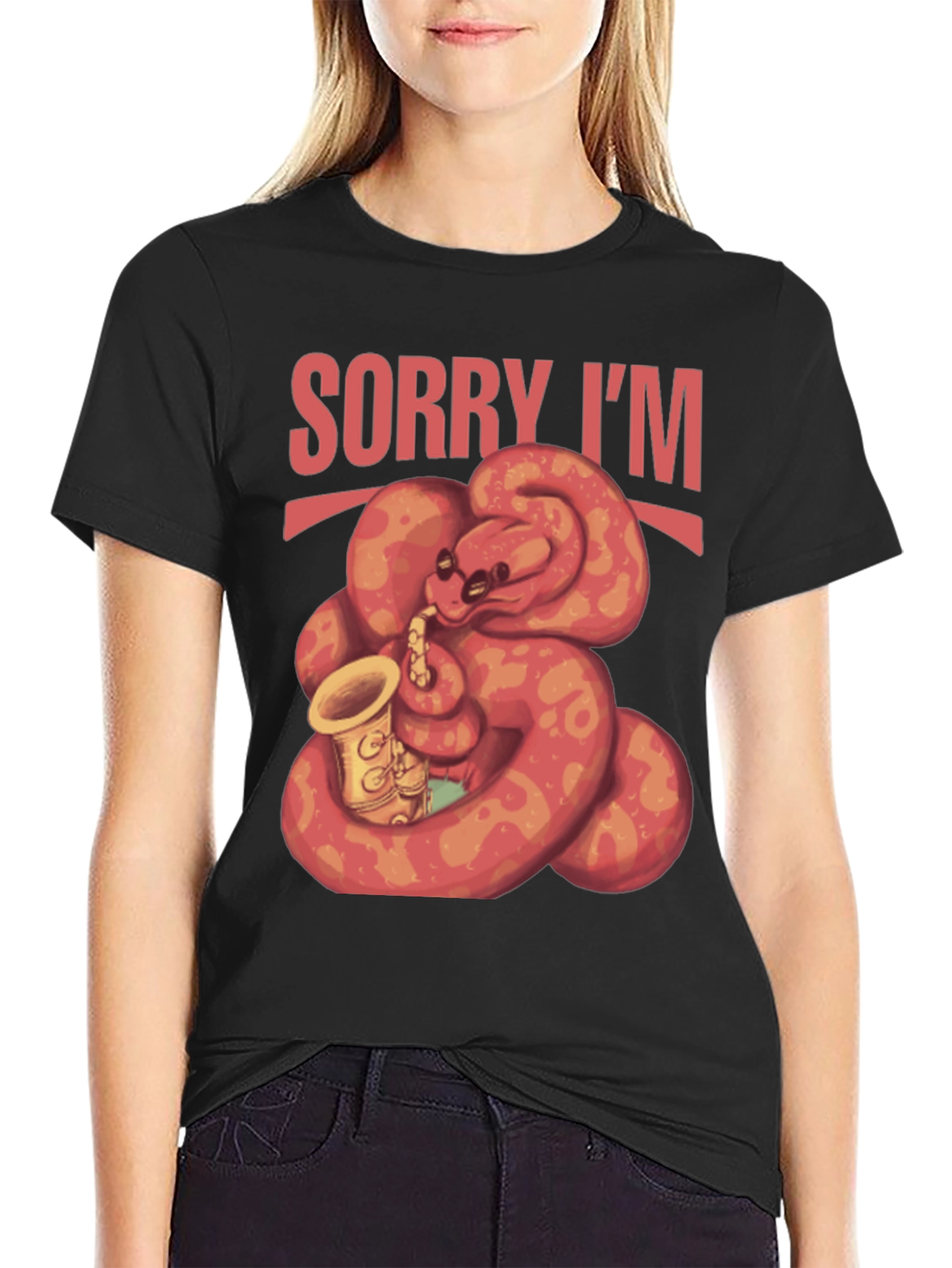 Black Sorry I'm Late Snake Saxophone T-Shirt view 2