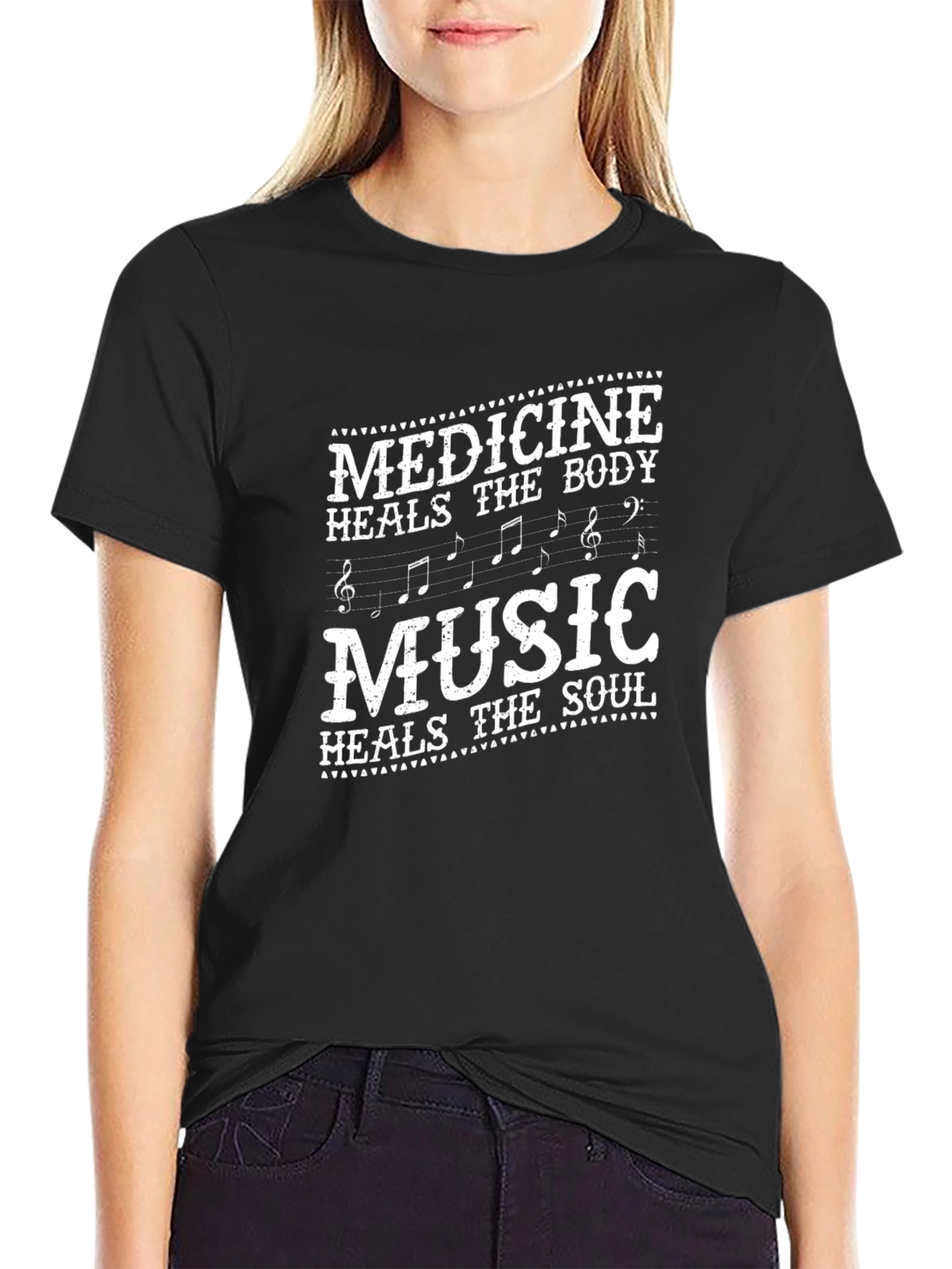 Black Medicine Heals Body Music Heals Soul Black Graphic T-Shirt view 2