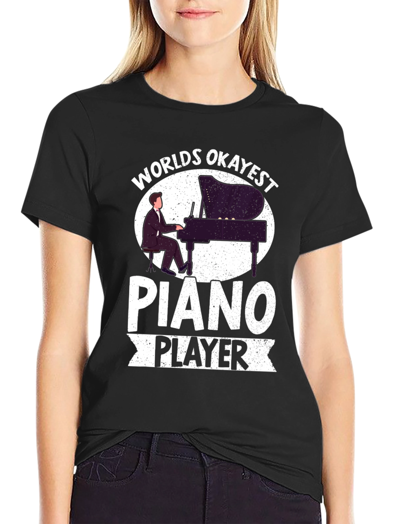 Black Worlds Okayest Piano Player Graphic T-Shirt view 2