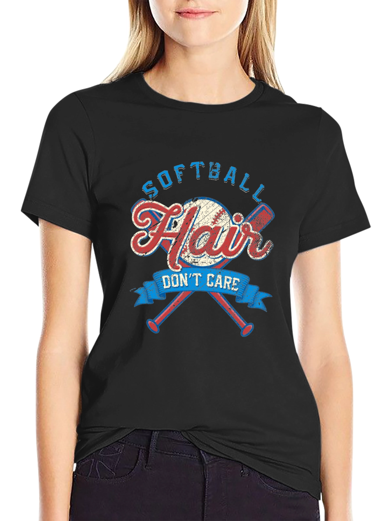 Black Softball Hair Don't Care Graphic Tee view 2