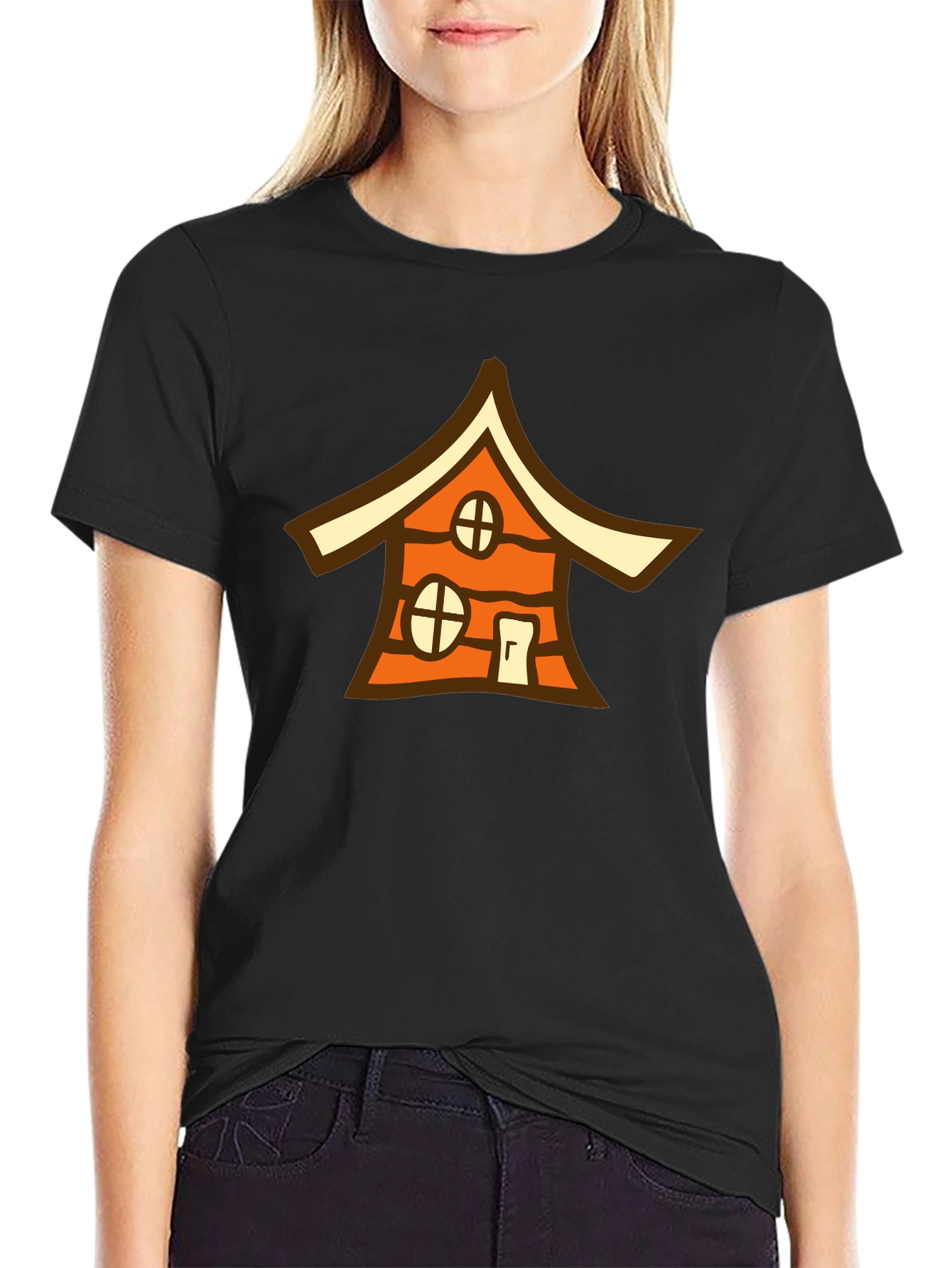 Black Cartoon House Graphic Black T-Shirt view 2