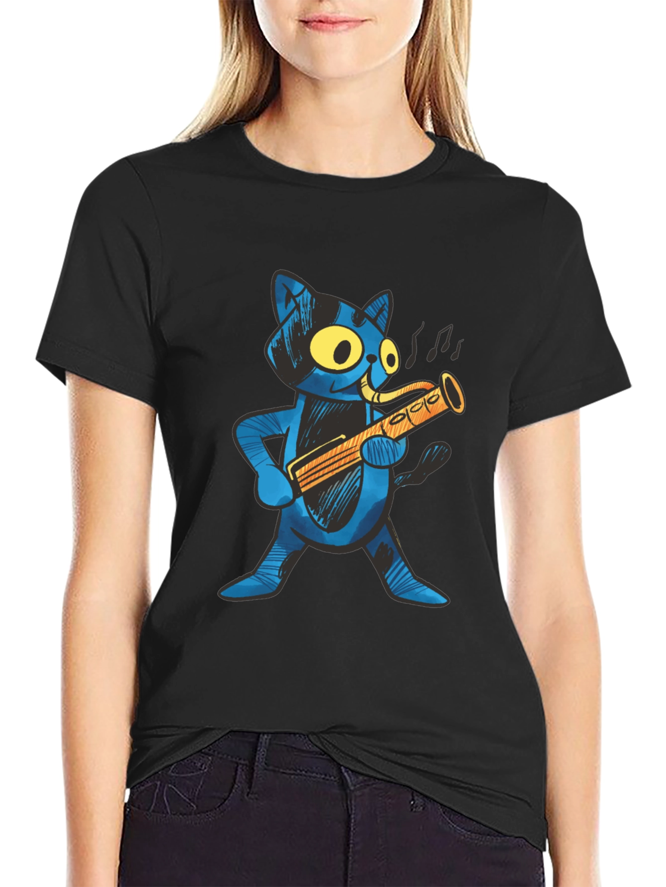 Black Cool Cat Saxophone Player T-Shirt view 2