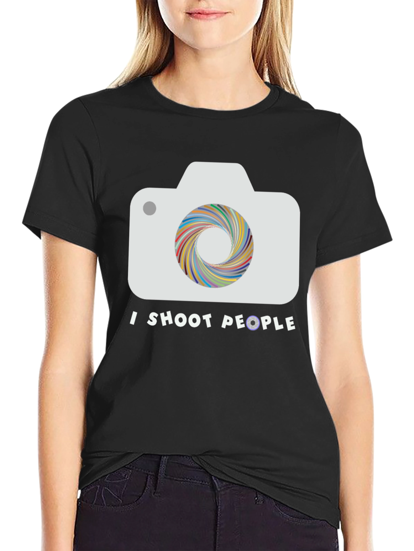 Black I Shoot People Camera T-Shirt - Photographer Tee view 2