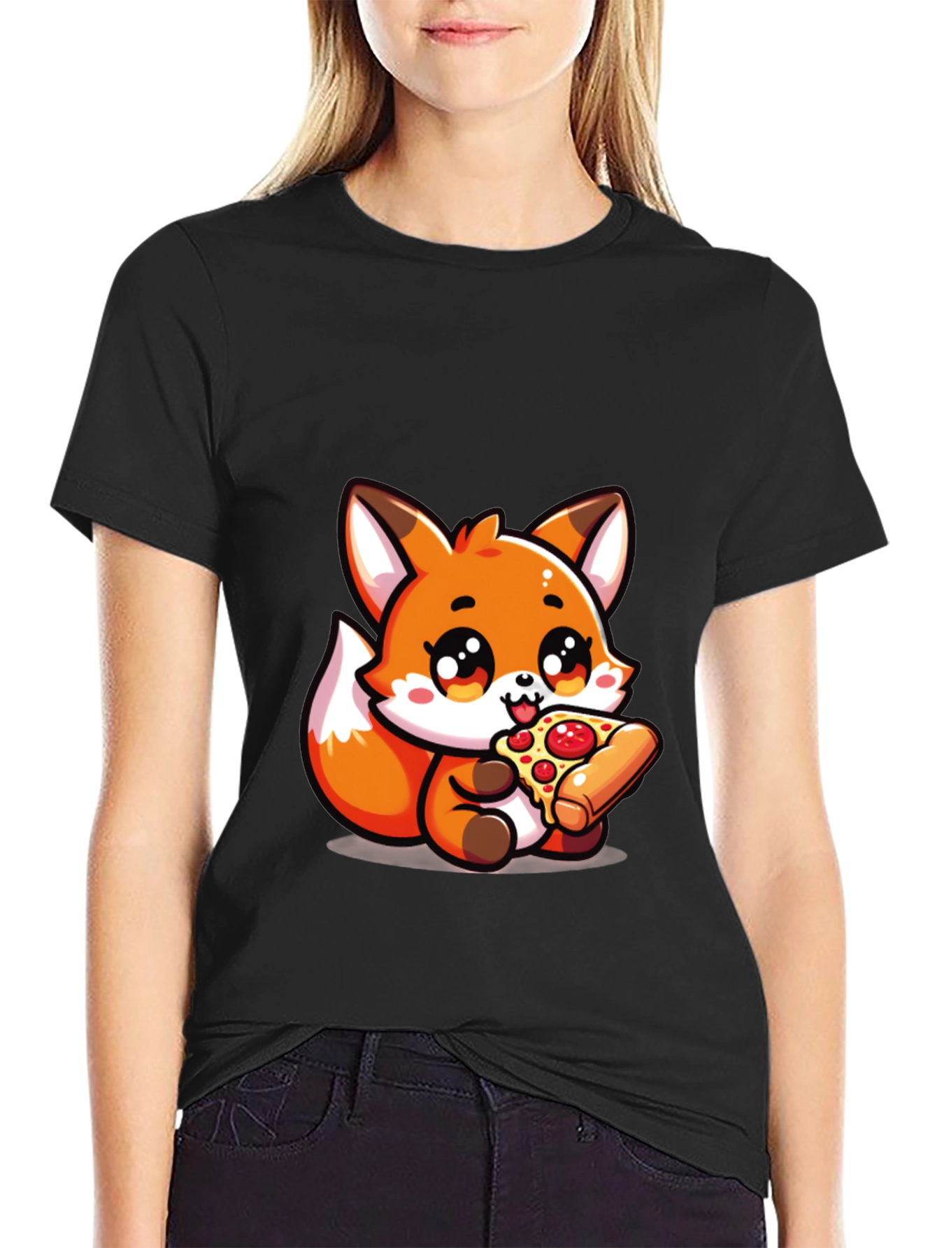 Black Cute Fox Pizza Lover Black T-Shirt view 2