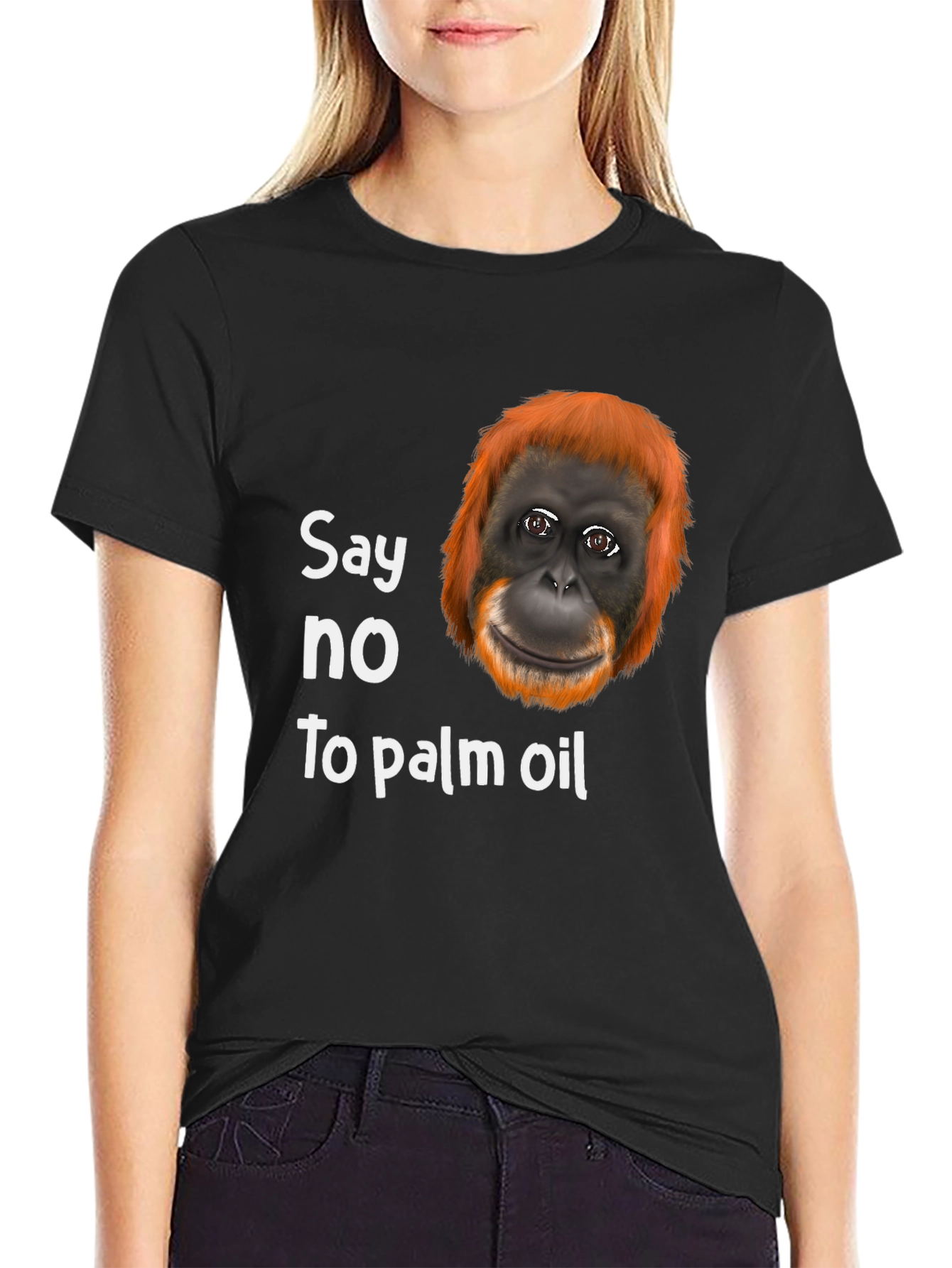 Black Say No to Palm Oil T-Shirt - Orangutan Design view 2