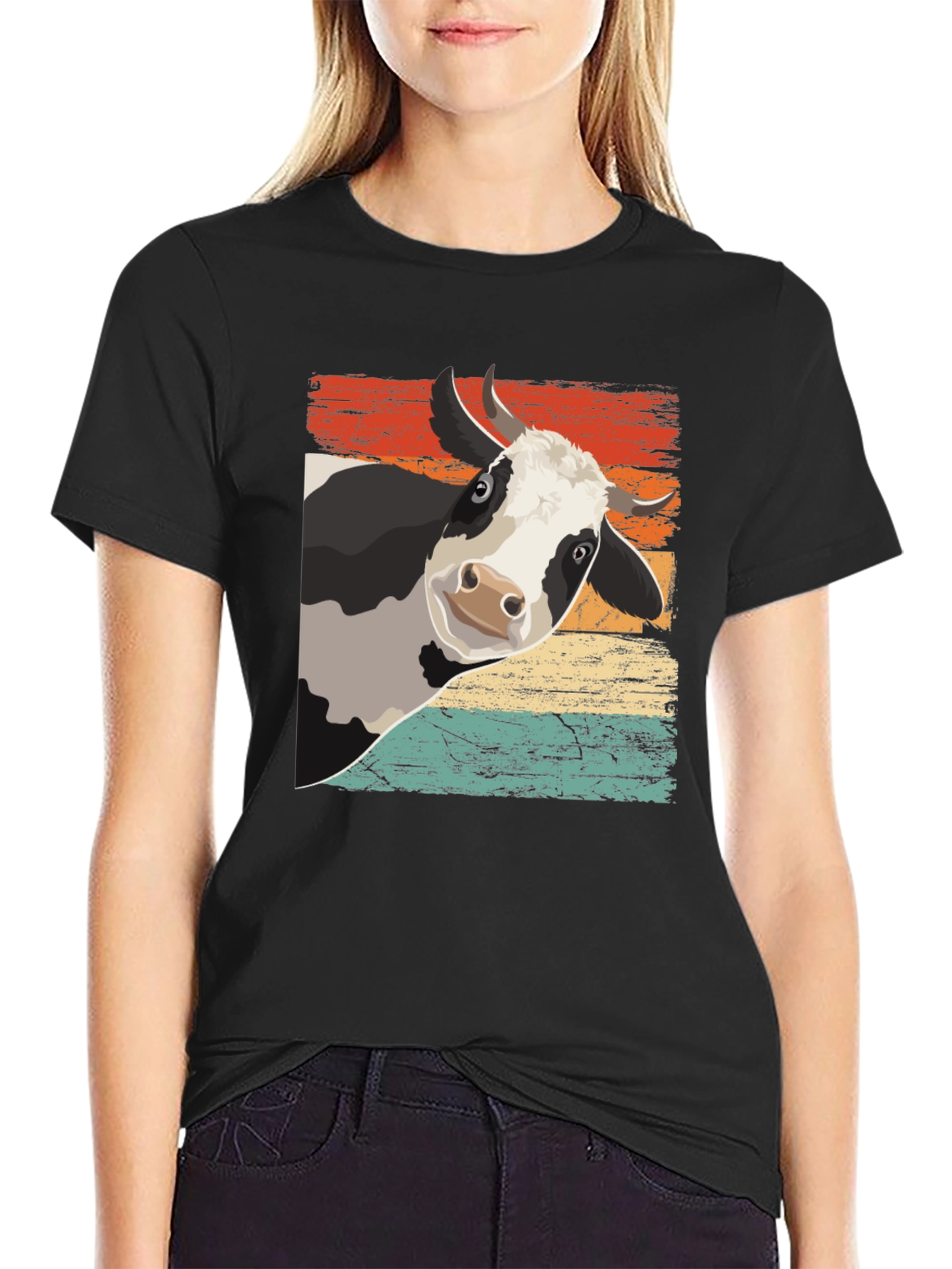 Black Retro Cow Graphic Tee - Black Cotton Blend view 2