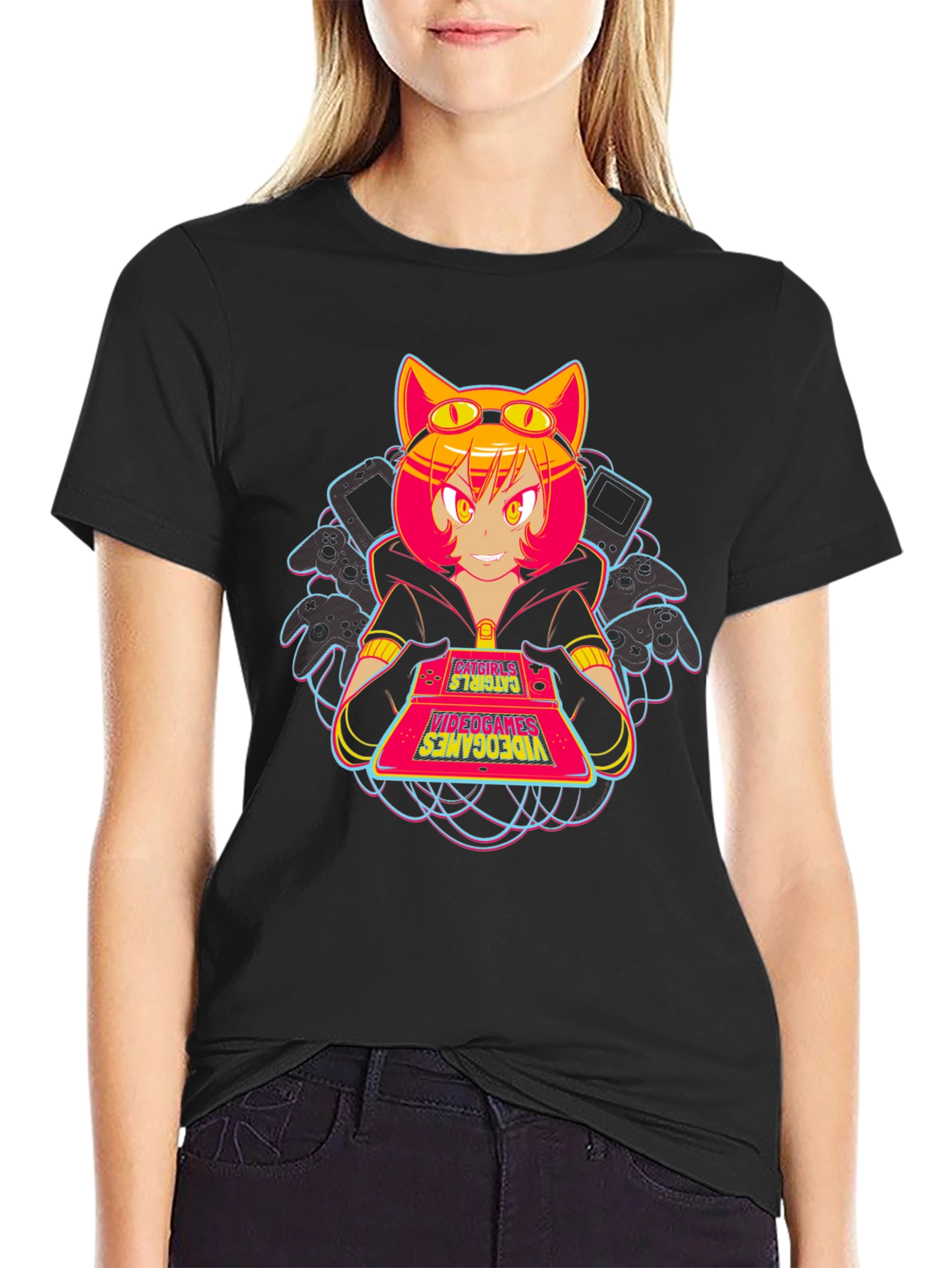 Black Anime Catgirl Gamer T-Shirt view 2