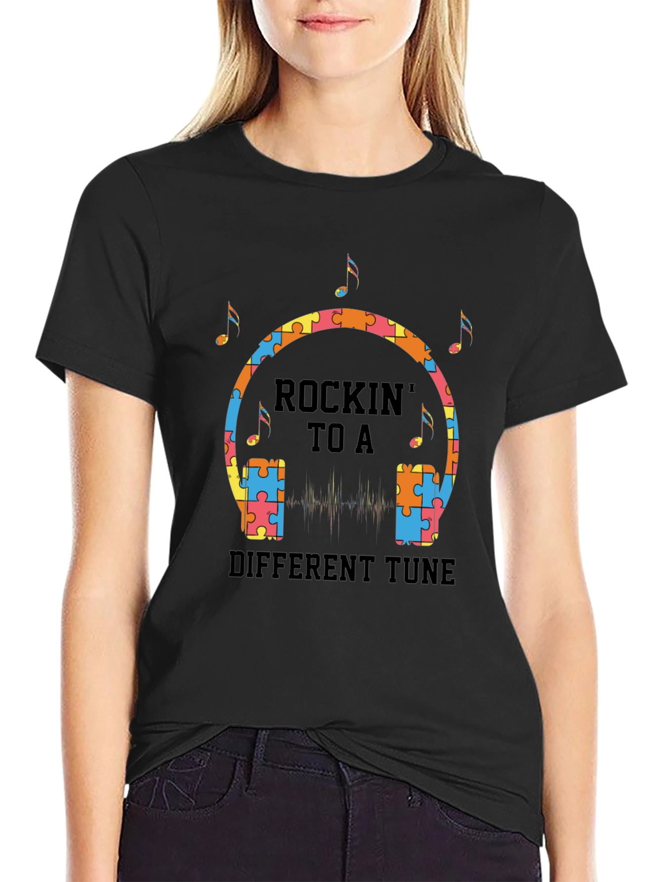 Black Rockin' to a Different Tune Autism Awareness T-Shirt view 2