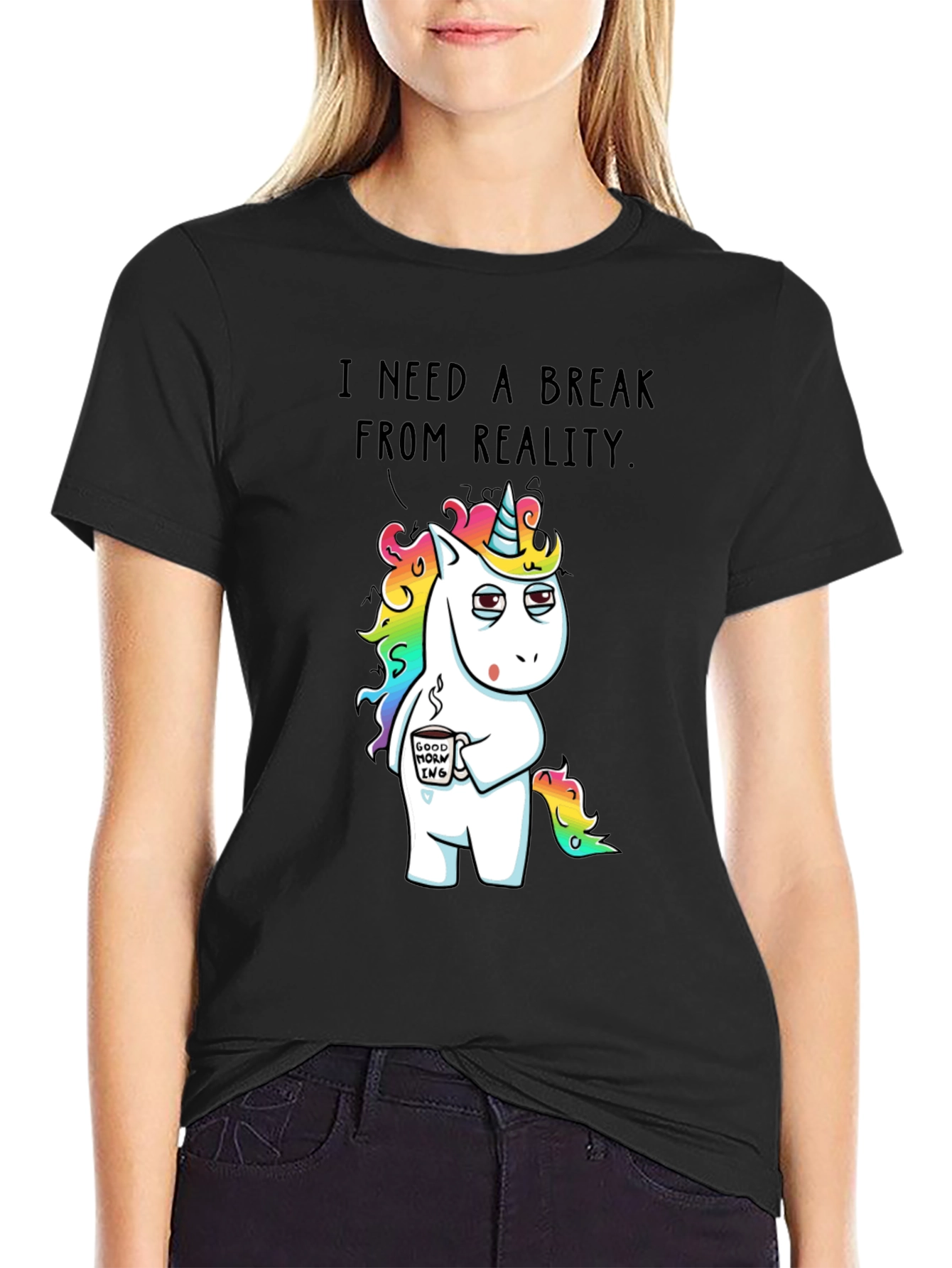 Black Funny Unicorn 'Break From Reality' Graphic T-Shirt view 2