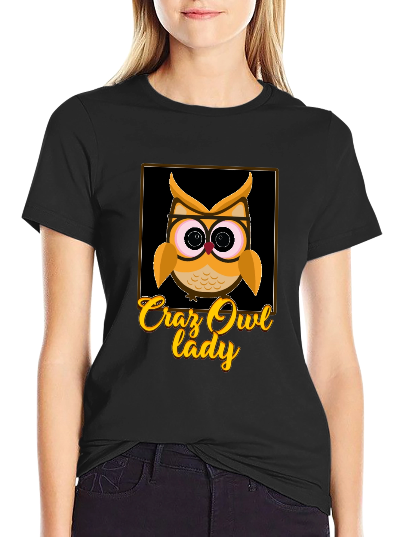 Black Crazy Owl Lady Graphic T-Shirt view 2