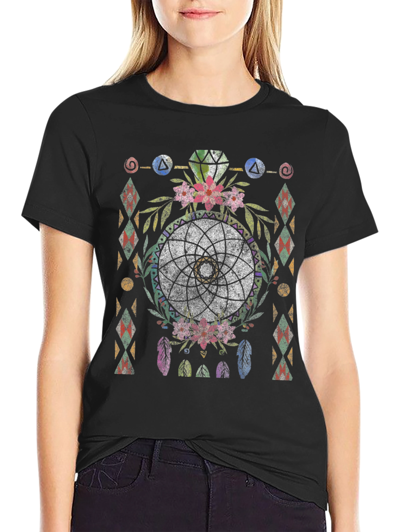 Black Boho Dreamcatcher Graphic Tee - Tribal Style view 2